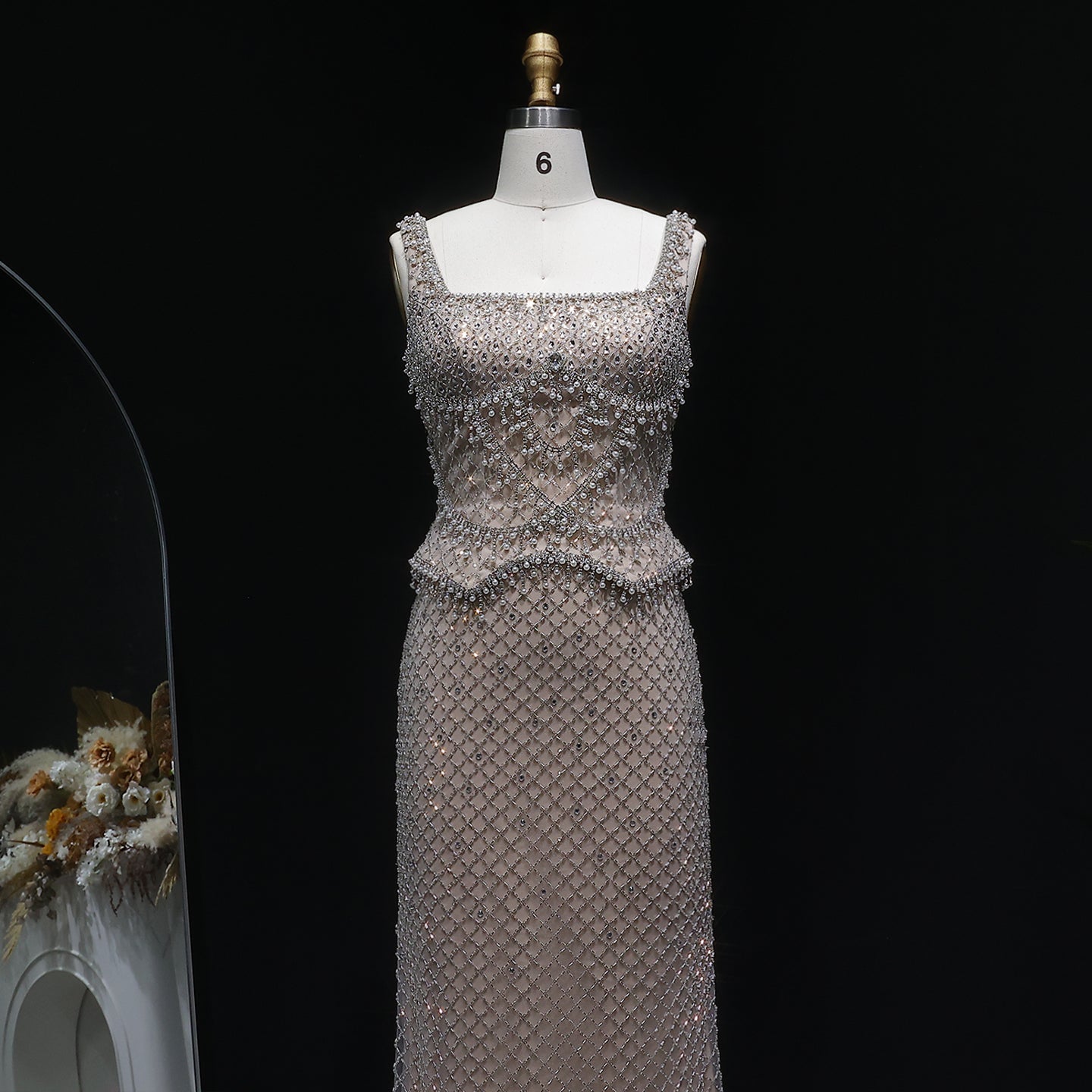 Square Neck Luxury Champagne Crystal Beaded Mermaid Evening Dress SS631 Sheer Fairy