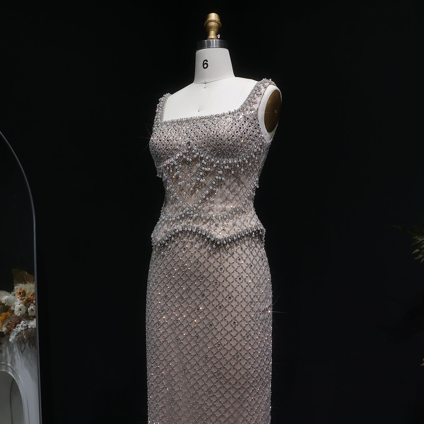 Square Neck Luxury Champagne Crystal Beaded Mermaid Evening Dress SS631 Sheer Fairy