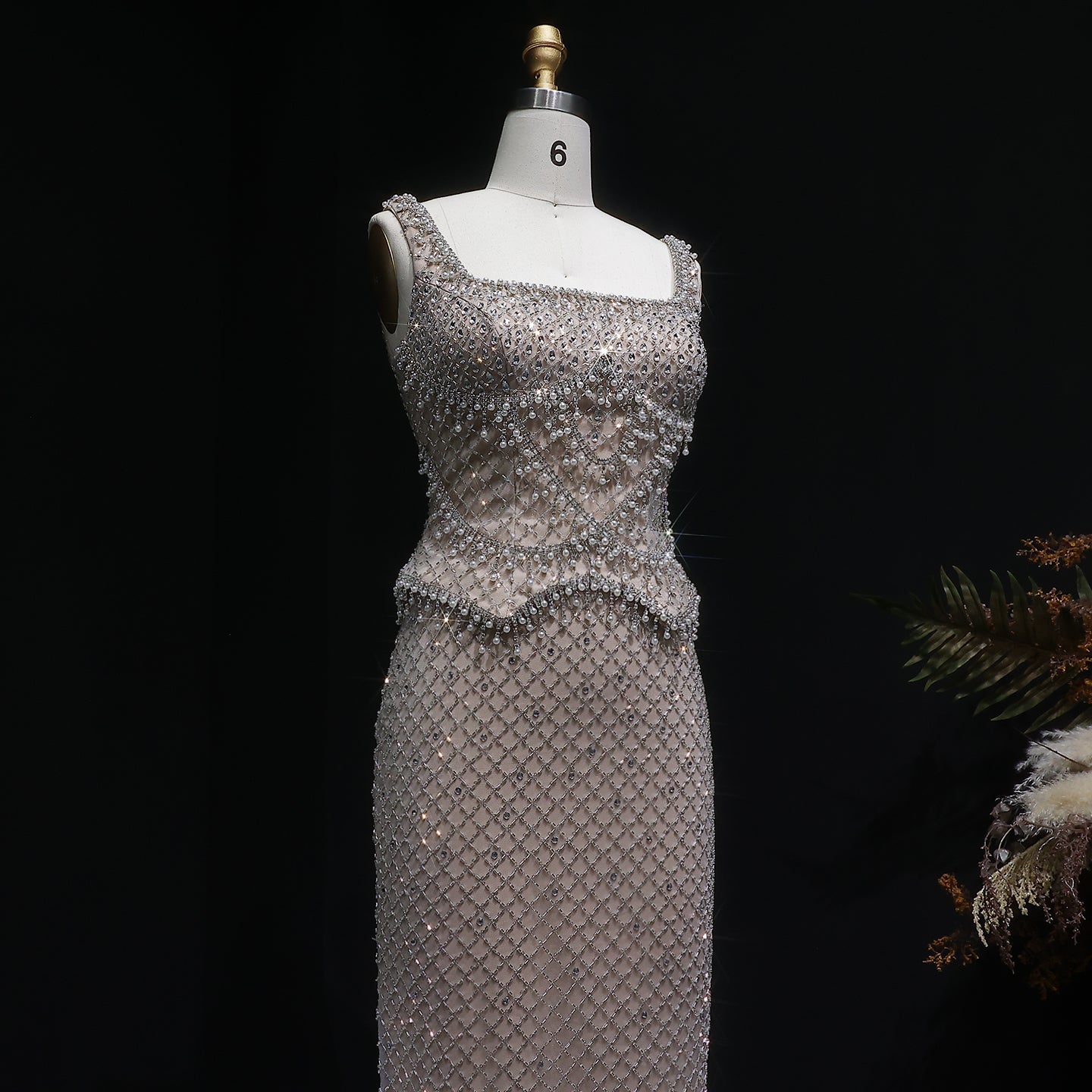 Square Neck Luxury Champagne Crystal Beaded Mermaid Evening Dress SS631 Sheer Fairy