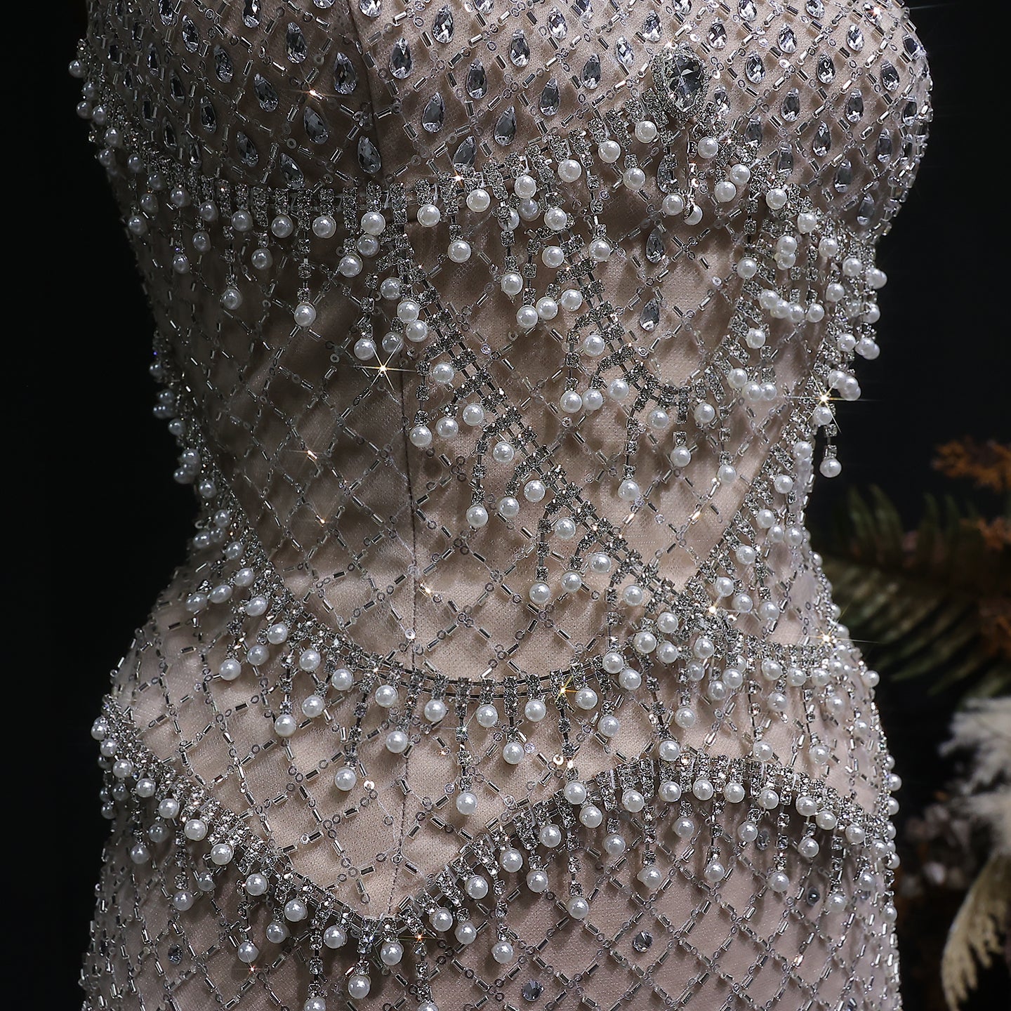 Square Neck Luxury Champagne Crystal Beaded Mermaid Evening Dress SS631 Sheer Fairy
