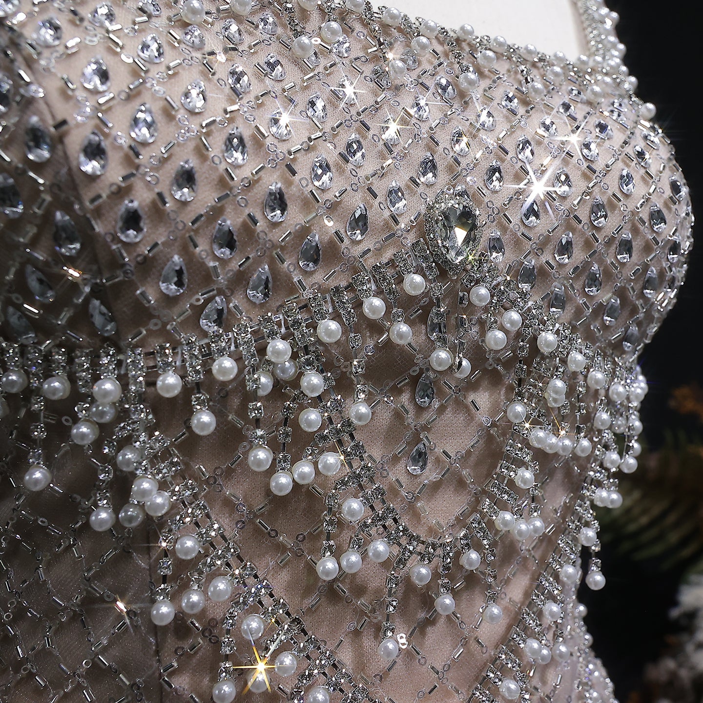 Square Neck Luxury Champagne Crystal Beaded Mermaid Evening Dress SS631 Sheer Fairy