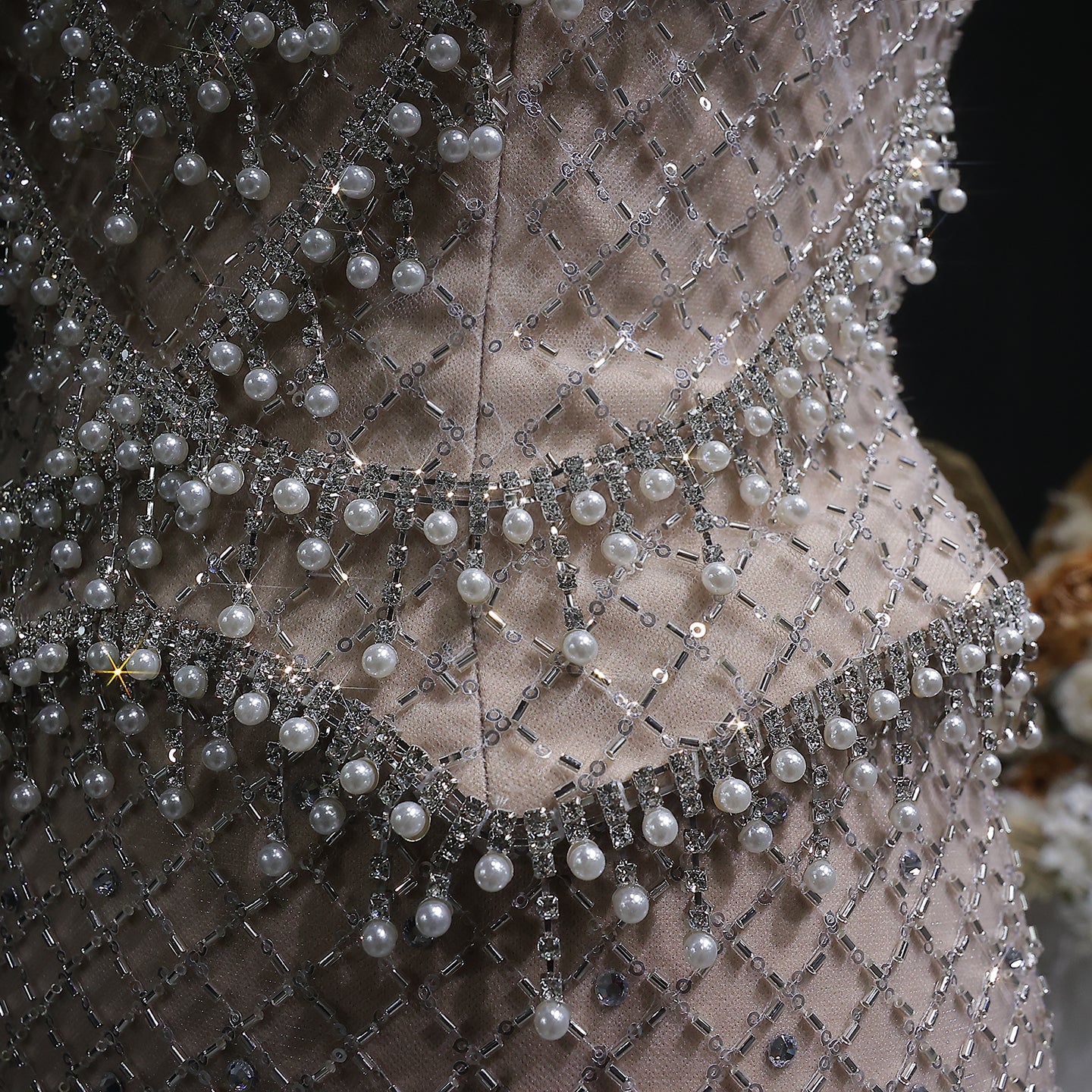 Square Neck Luxury Champagne Crystal Beaded Mermaid Evening Dress SS631 Sheer Fairy