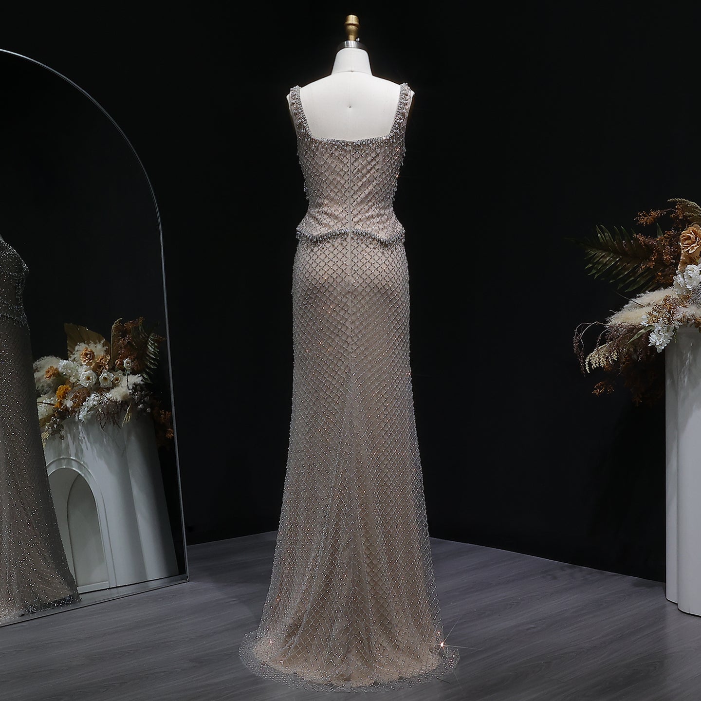 Square Neck Luxury Champagne Crystal Beaded Mermaid Evening Dress SS631 Sheer Fairy
