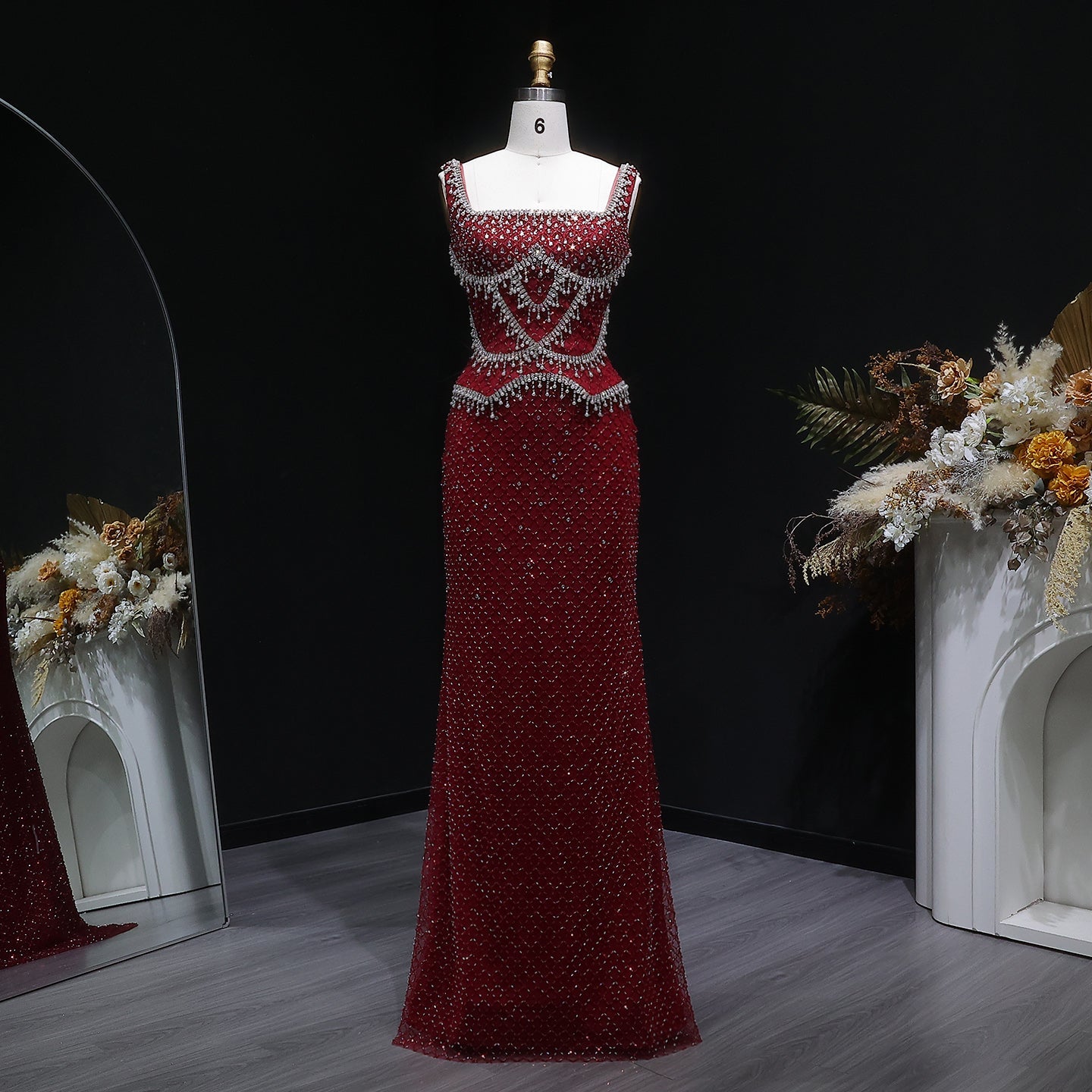 Square Neck Luxury Champagne Crystal Beaded Mermaid Evening Dress SS631 Sheer Fairy