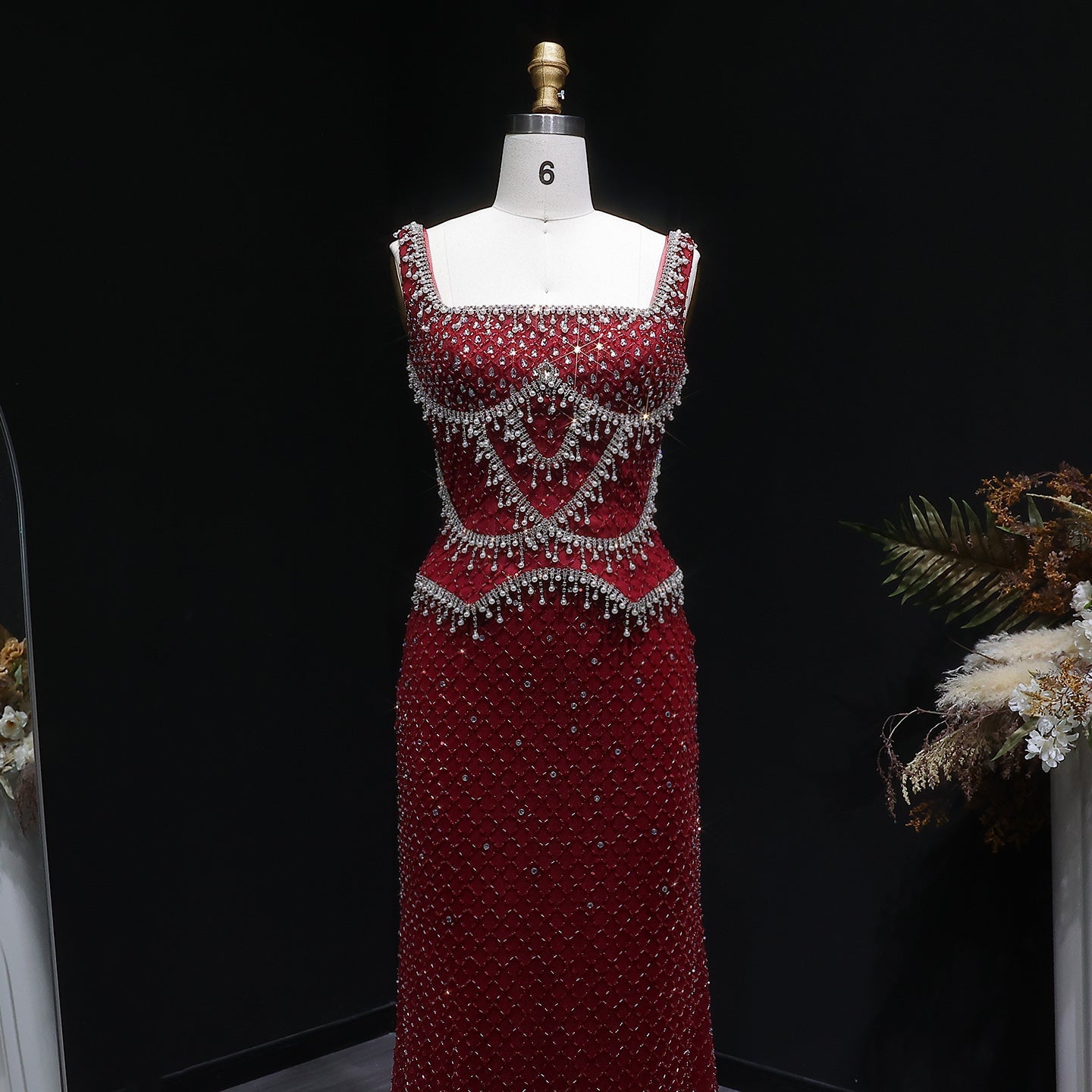 Square Neck Luxury Champagne Crystal Beaded Mermaid Evening Dress SS631 Sheer Fairy