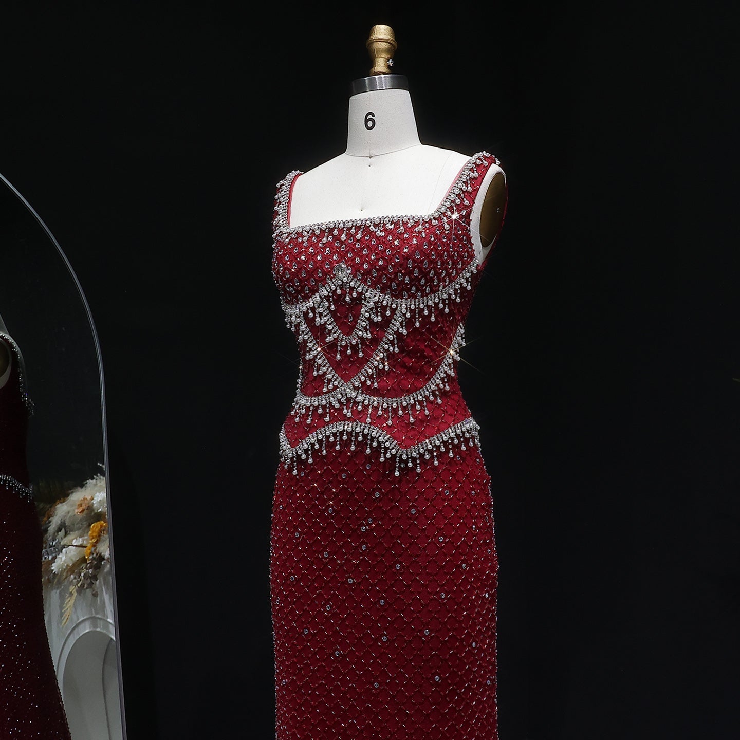 Square Neck Luxury Champagne Crystal Beaded Mermaid Evening Dress SS631 Sheer Fairy