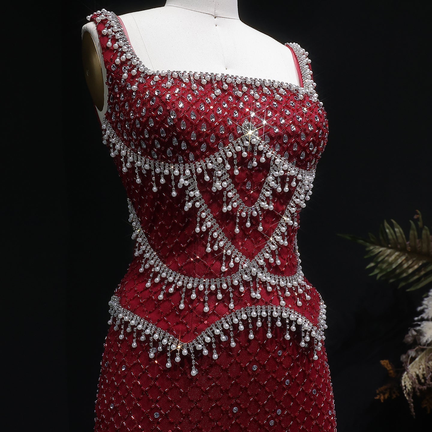Square Neck Luxury Champagne Crystal Beaded Mermaid Evening Dress SS631 Sheer Fairy