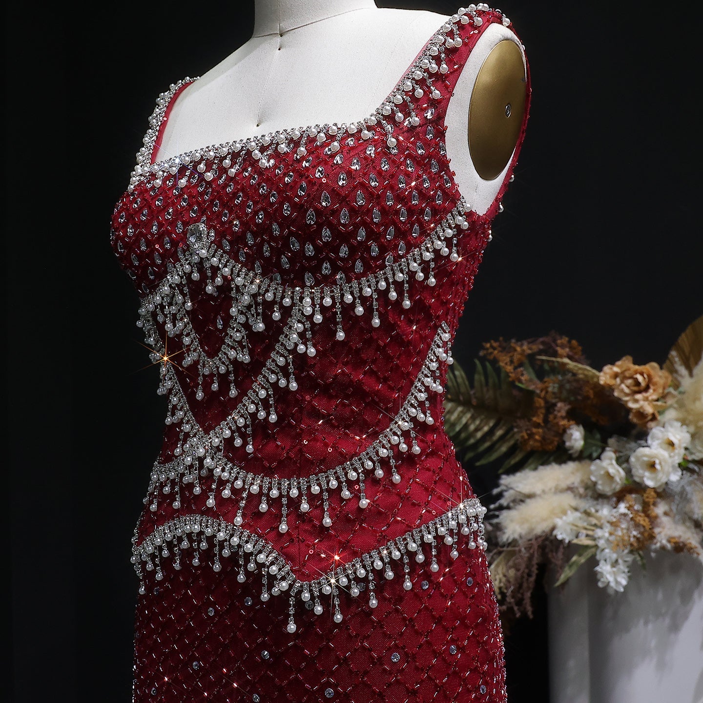 Square Neck Luxury Champagne Crystal Beaded Mermaid Evening Dress SS631 Sheer Fairy