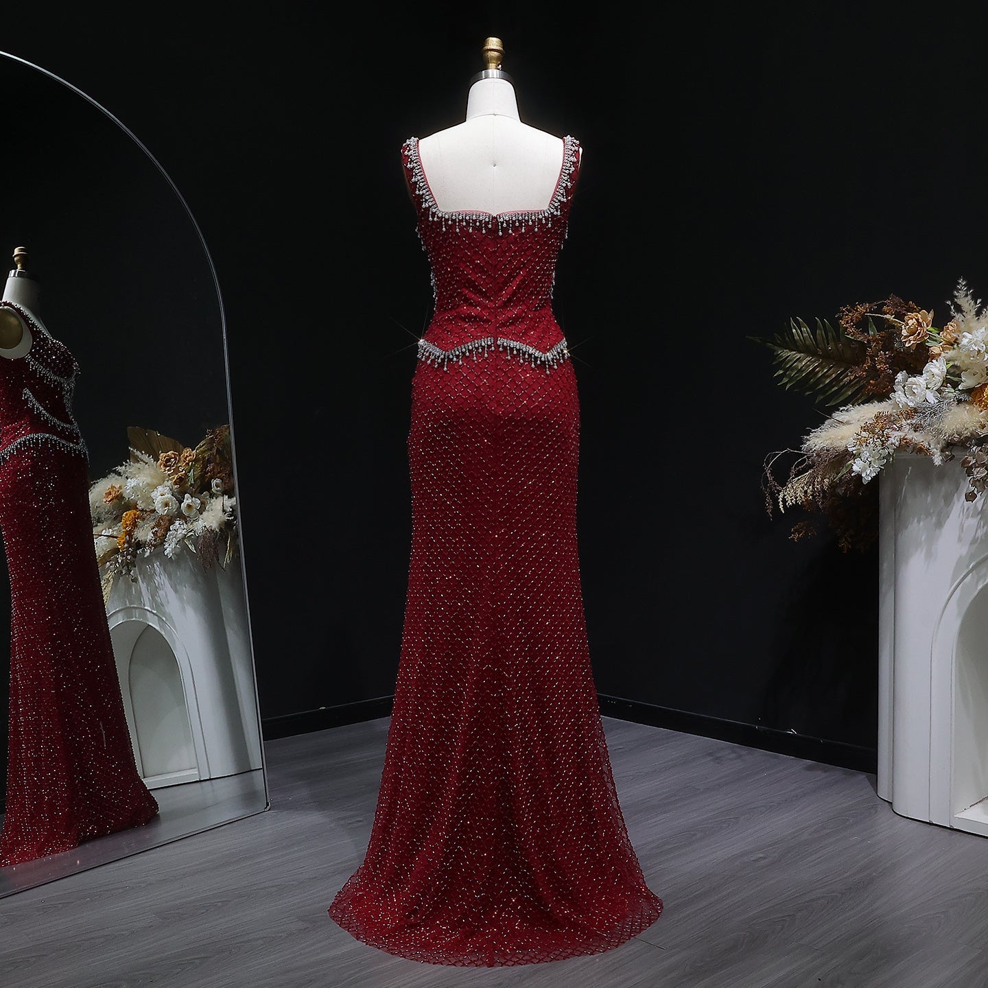 Square Neck Luxury Champagne Crystal Beaded Mermaid Evening Dress SS631 Sheer Fairy