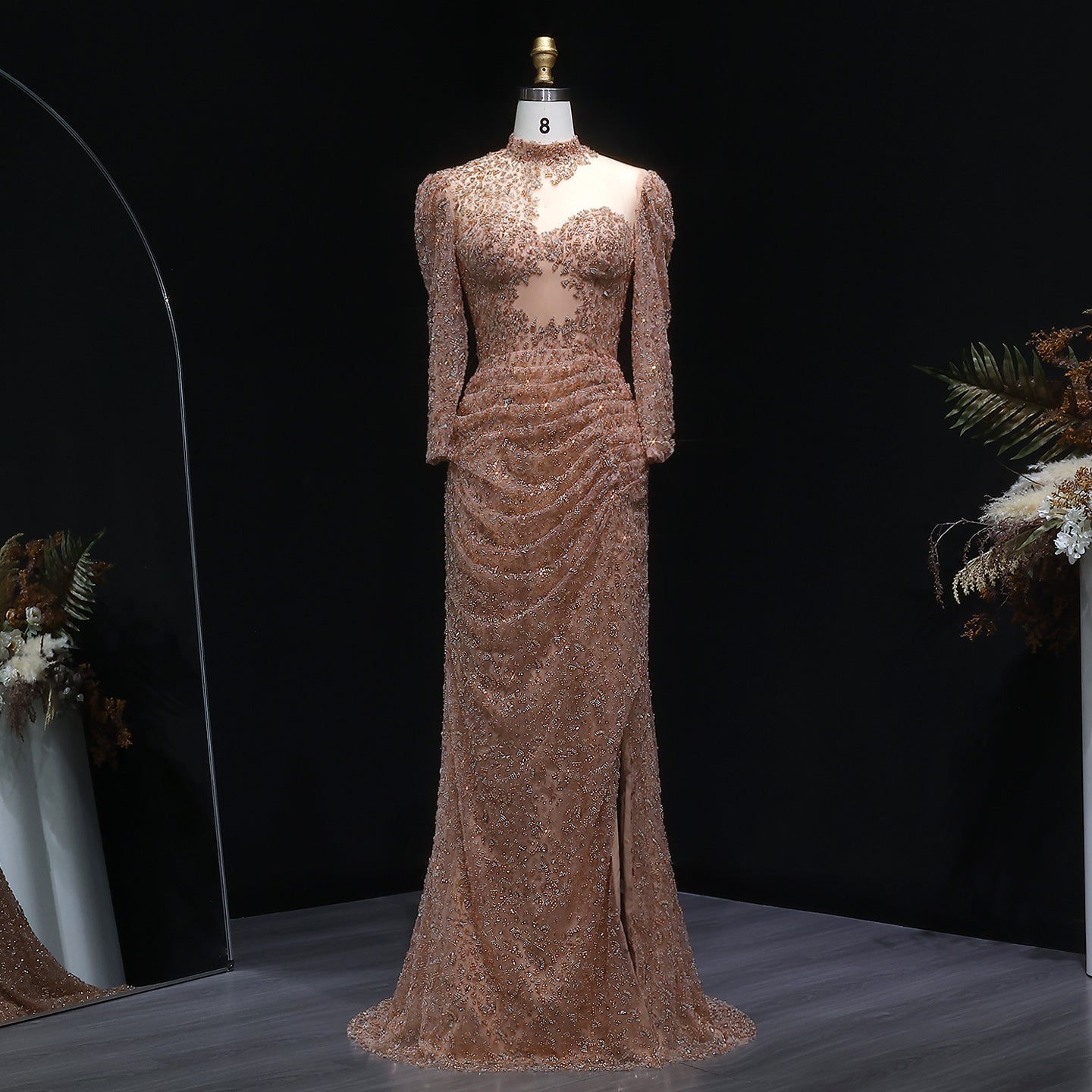Glamorous Champagne All-Over Beaded Prom Dress with Illusion Neckline SH538 Sheer Fairy