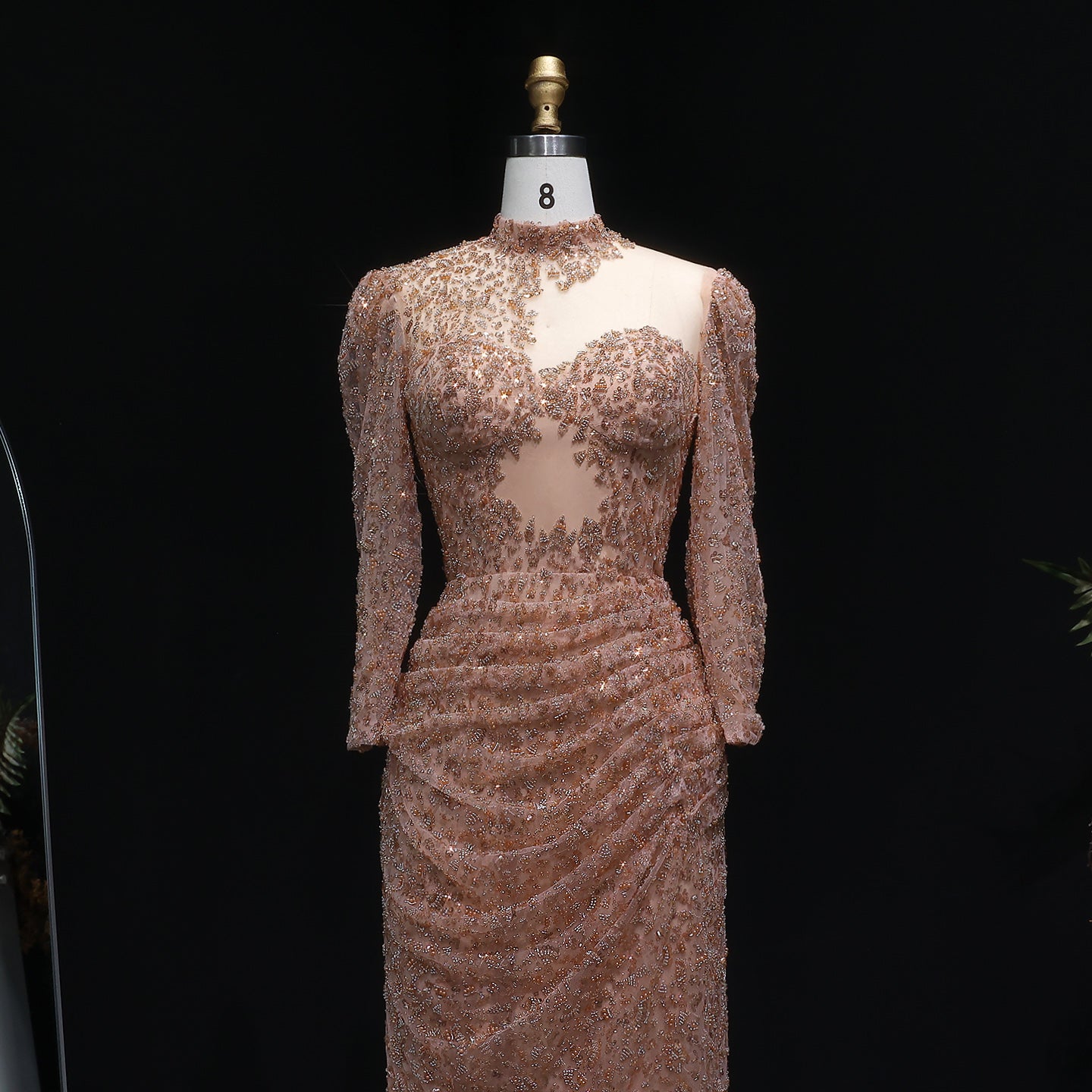 Glamorous Champagne All-Over Beaded Prom Dress with Illusion Neckline SH538 Sheer Fairy