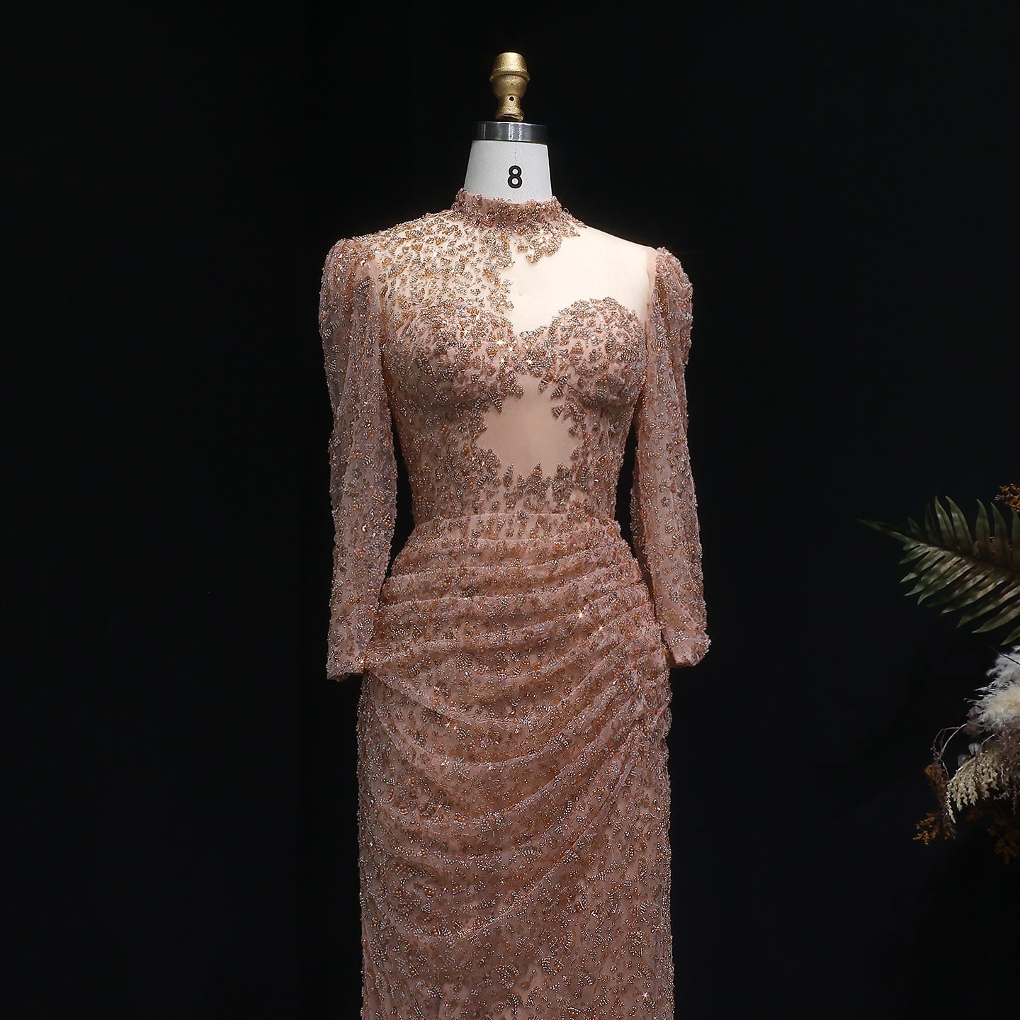 Glamorous Champagne All-Over Beaded Prom Dress with Illusion Neckline SH538 Sheer Fairy