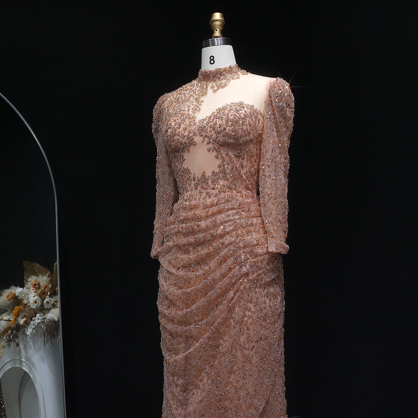 Glamorous Champagne All-Over Beaded Prom Dress with Illusion Neckline SH538 Sheer Fairy