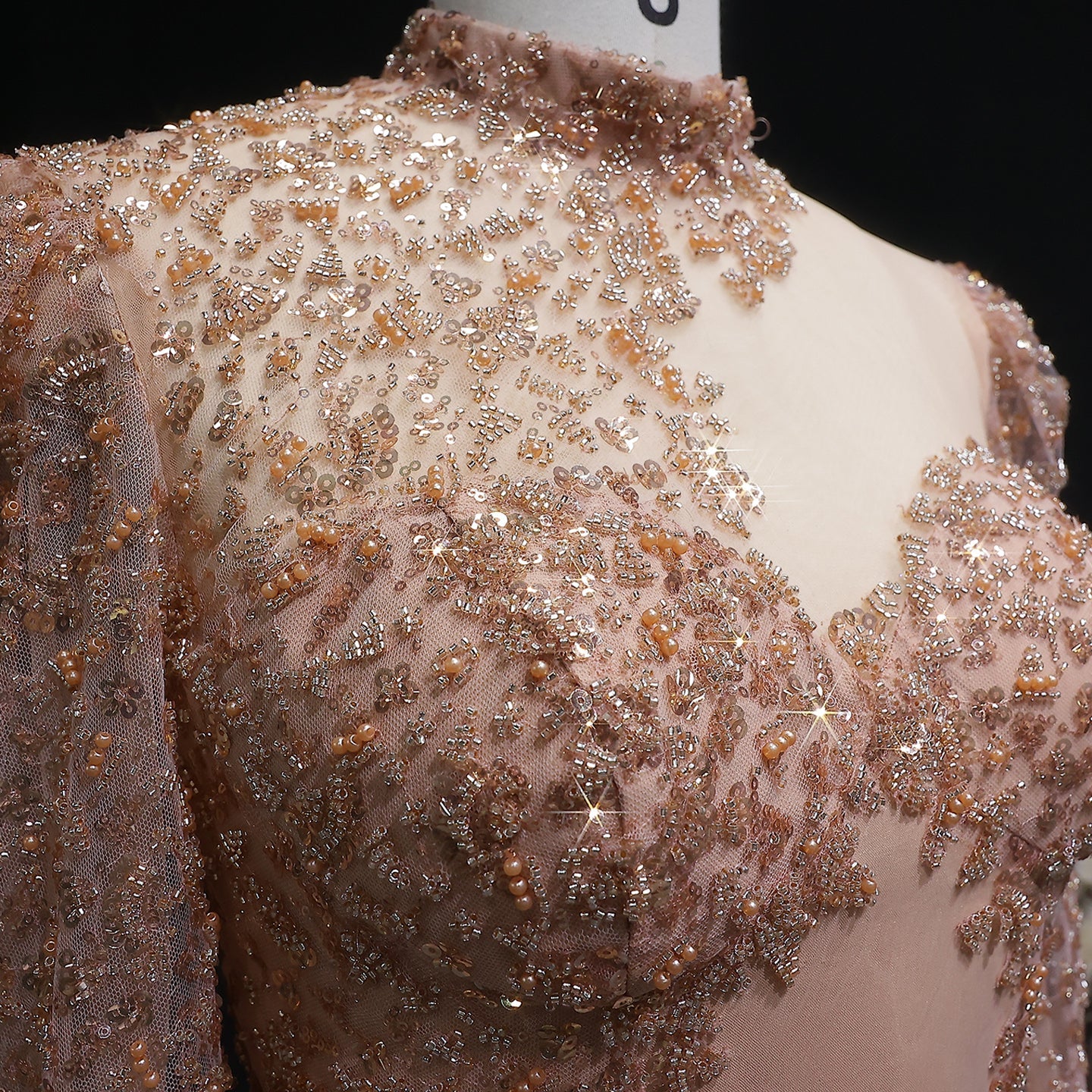 Glamorous Champagne All-Over Beaded Prom Dress with Illusion Neckline SH538 Sheer Fairy