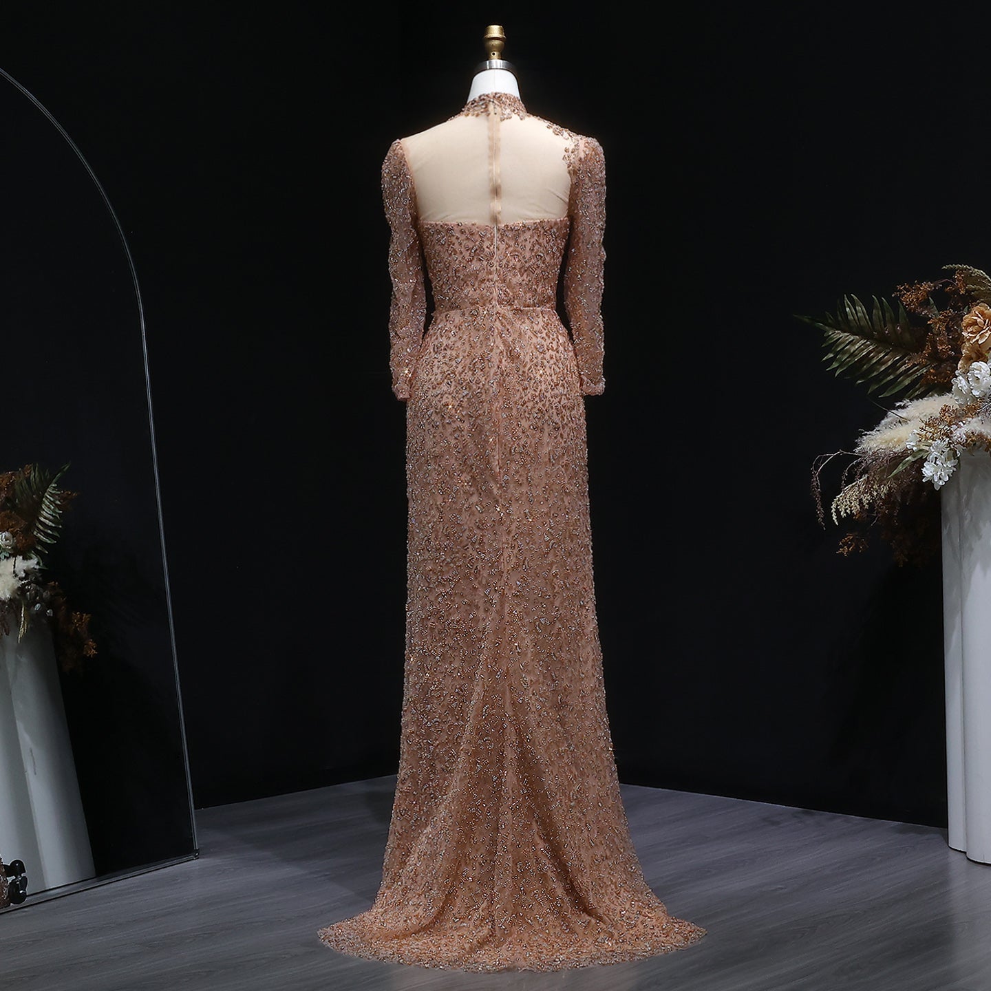 Glamorous Champagne All-Over Beaded Prom Dress with Illusion Neckline SH538 Sheer Fairy