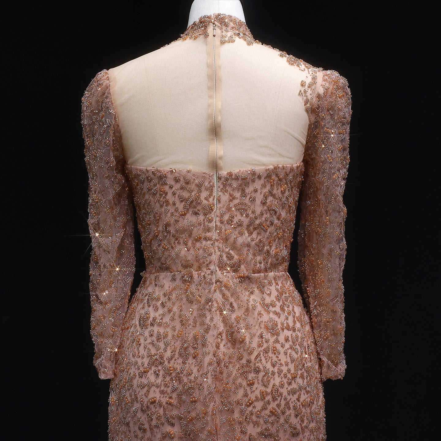 Glamorous Champagne All-Over Beaded Prom Dress with Illusion Neckline SH538 Sheer Fairy