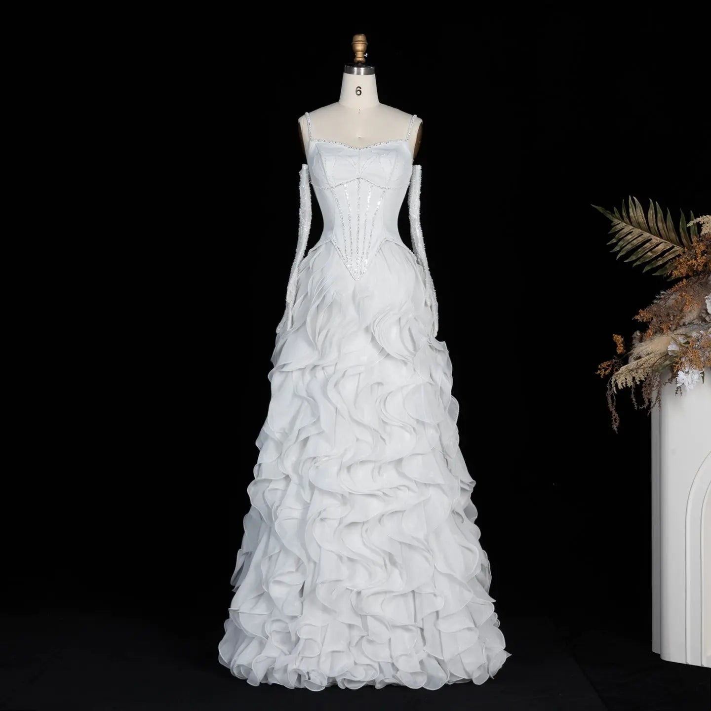 Luxurious Light Grey Corset Ball Gown Cascading Ruffle Tiered Evening Dress With Gloves SS672 Sheer Fairy