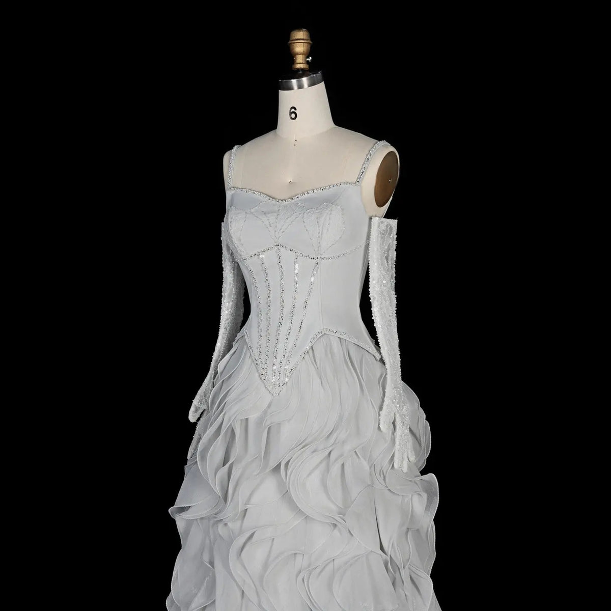 Luxurious Light Grey Corset Ball Gown Cascading Ruffle Tiered Evening Dress With Gloves SS672 Sheer Fairy