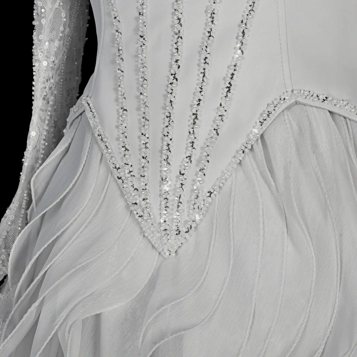 Luxurious Light Grey Corset Ball Gown Cascading Ruffle Tiered Evening Dress With Gloves SS672 Sheer Fairy