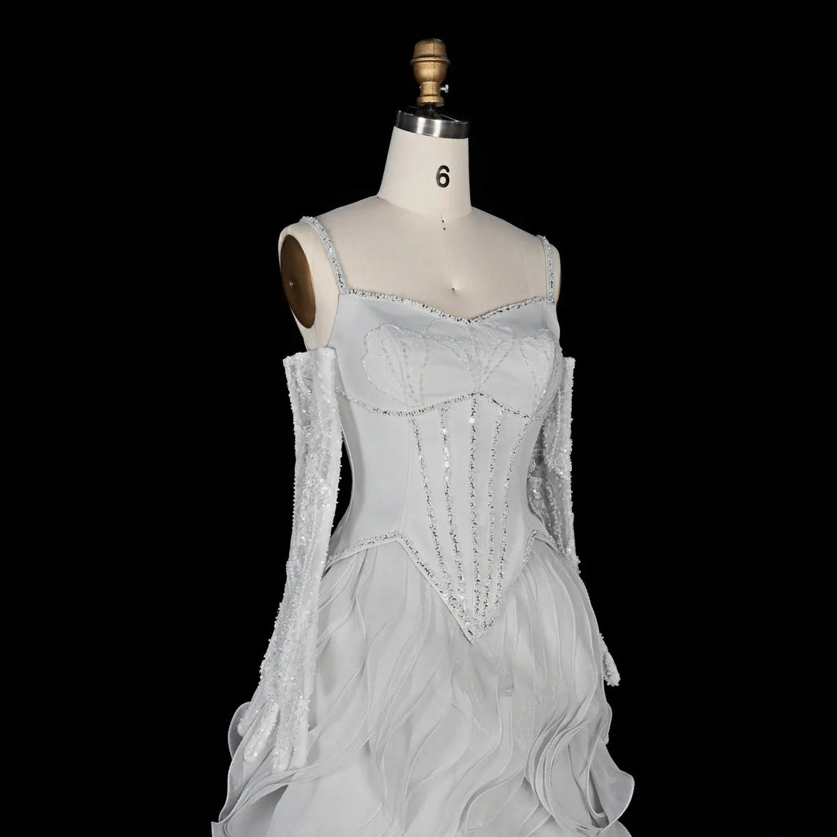 Luxurious Light Grey Corset Ball Gown Cascading Ruffle Tiered Evening Dress With Gloves SS672 Sheer Fairy