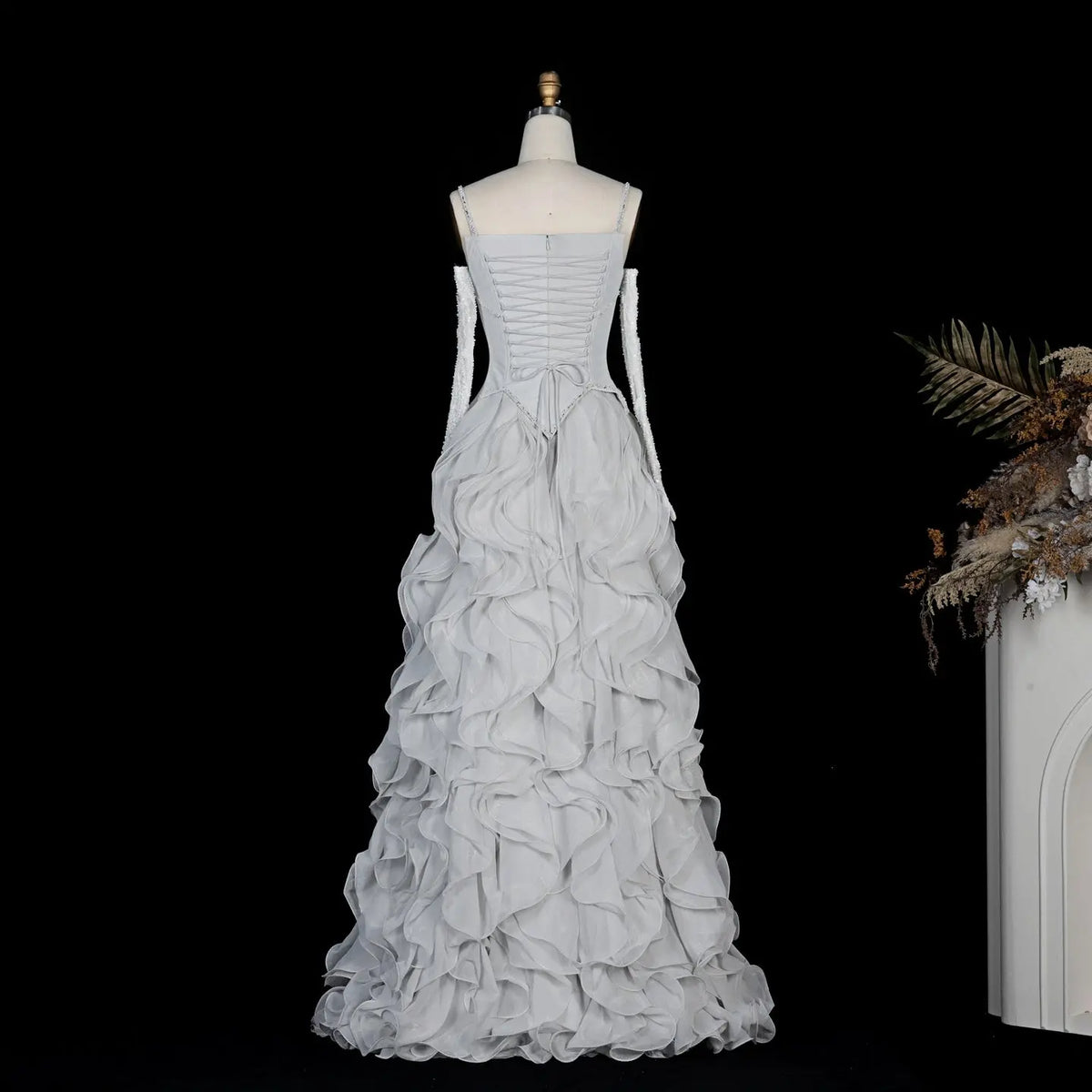 Luxurious Light Grey Corset Ball Gown Cascading Ruffle Tiered Evening Dress With Gloves SS672 Sheer Fairy