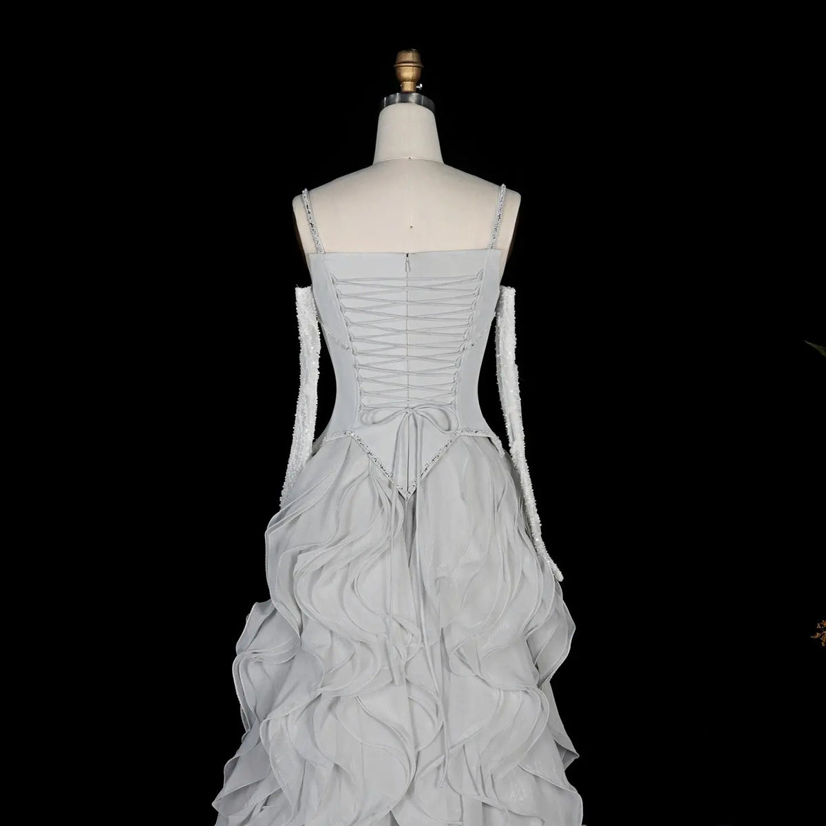 Luxurious Light Grey Corset Ball Gown Cascading Ruffle Tiered Evening Dress With Gloves SS672 Sheer Fairy