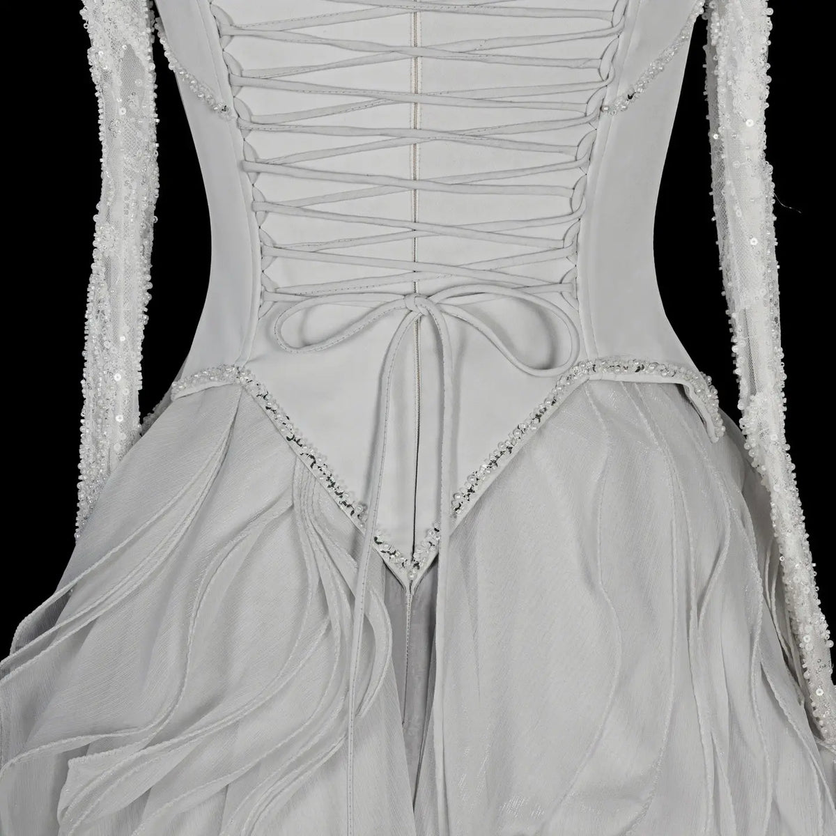 Luxurious Light Grey Corset Ball Gown Cascading Ruffle Tiered Evening Dress With Gloves SS672 Sheer Fairy