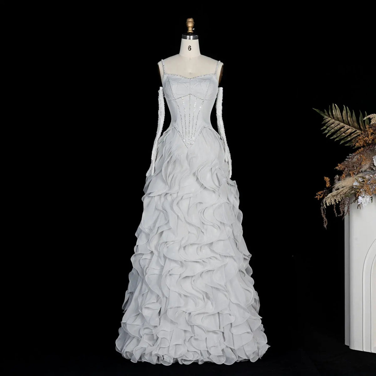 Luxurious Light Grey Corset Ball Gown Cascading Ruffle Tiered Evening Dress With Gloves SS672 Sheer Fairy