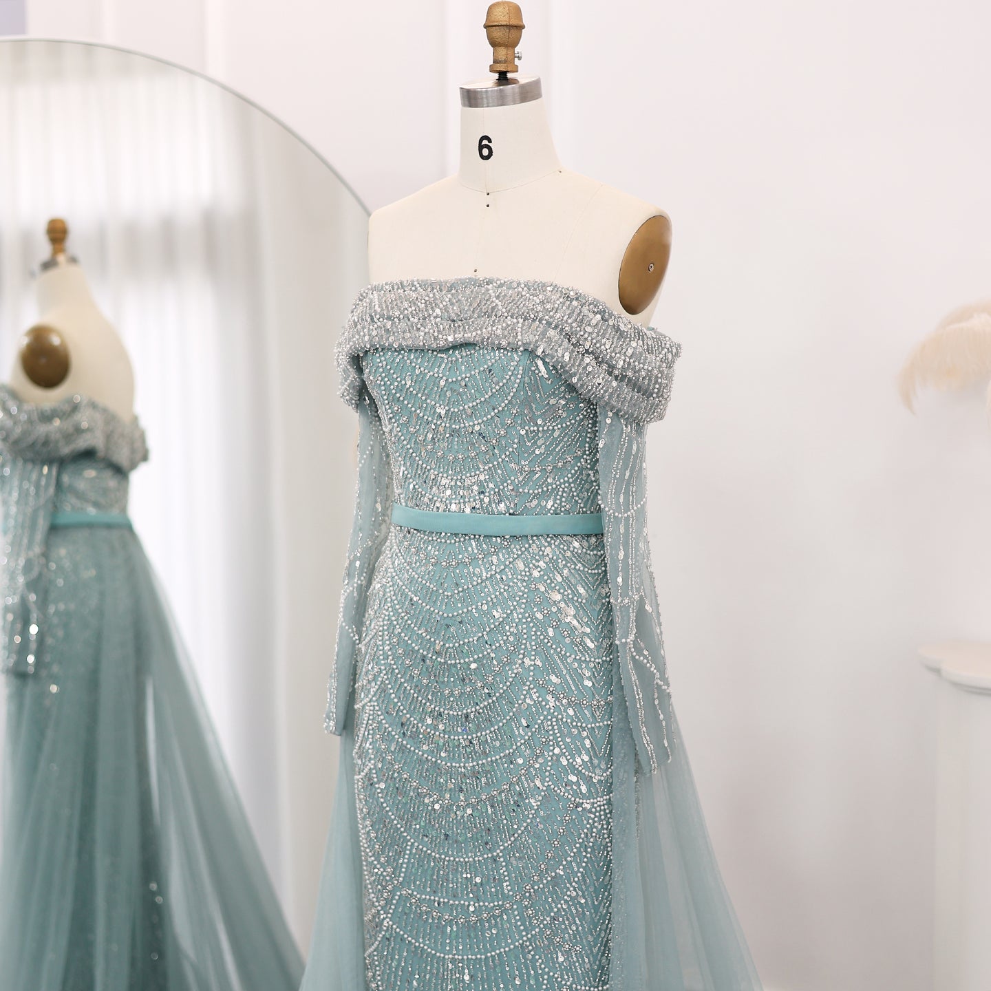 Luxury Beaded Blue Mermaid Evening Dress with Cape Sleeves SS687