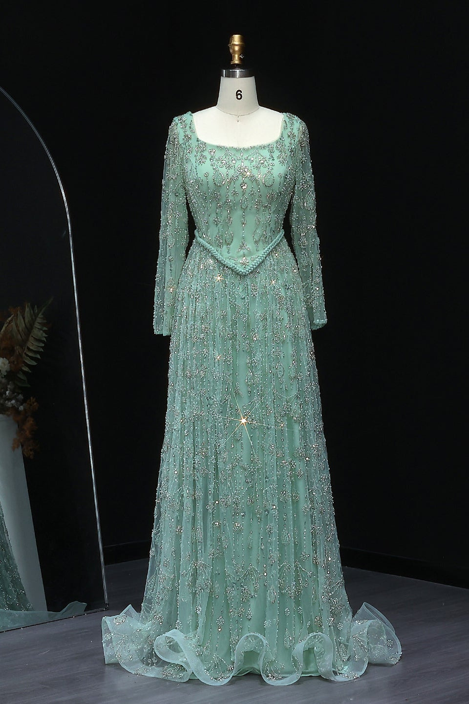 Luxury Sequined Floral Lace Square Neck A-Line Evening Dress SS693