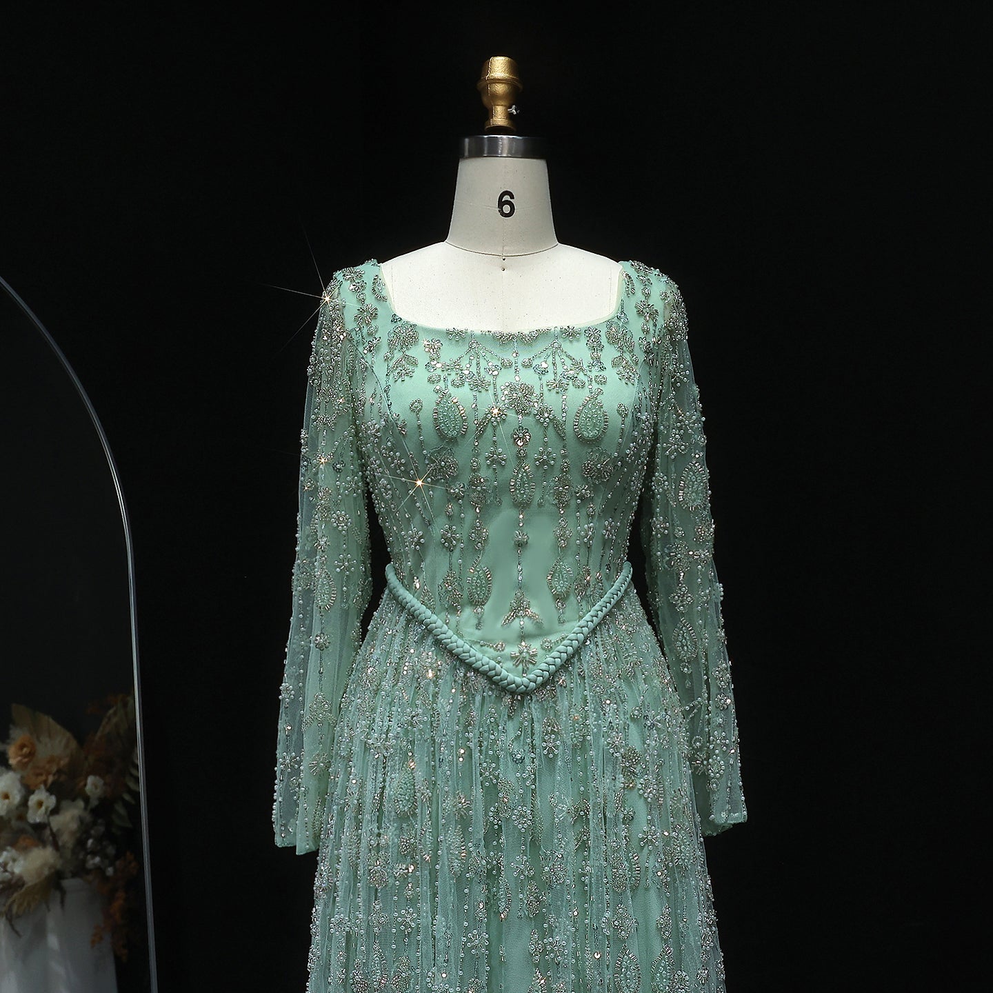 Luxury Sequined Floral Lace Square Neck A-Line Evening Dress SS693 Sheer Fairy