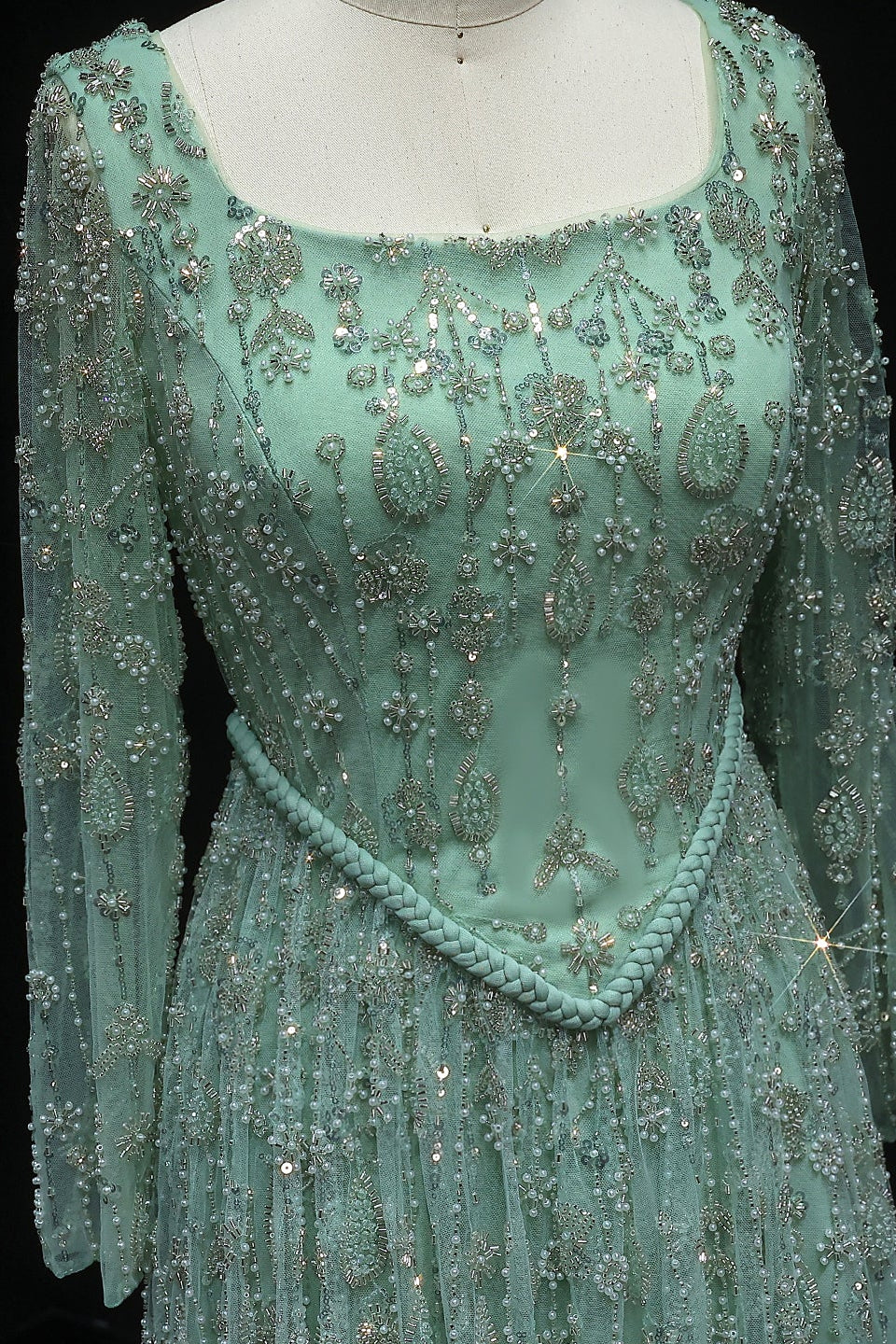 Luxury Sequined Floral Lace Square Neck A-Line Evening Dress SS693