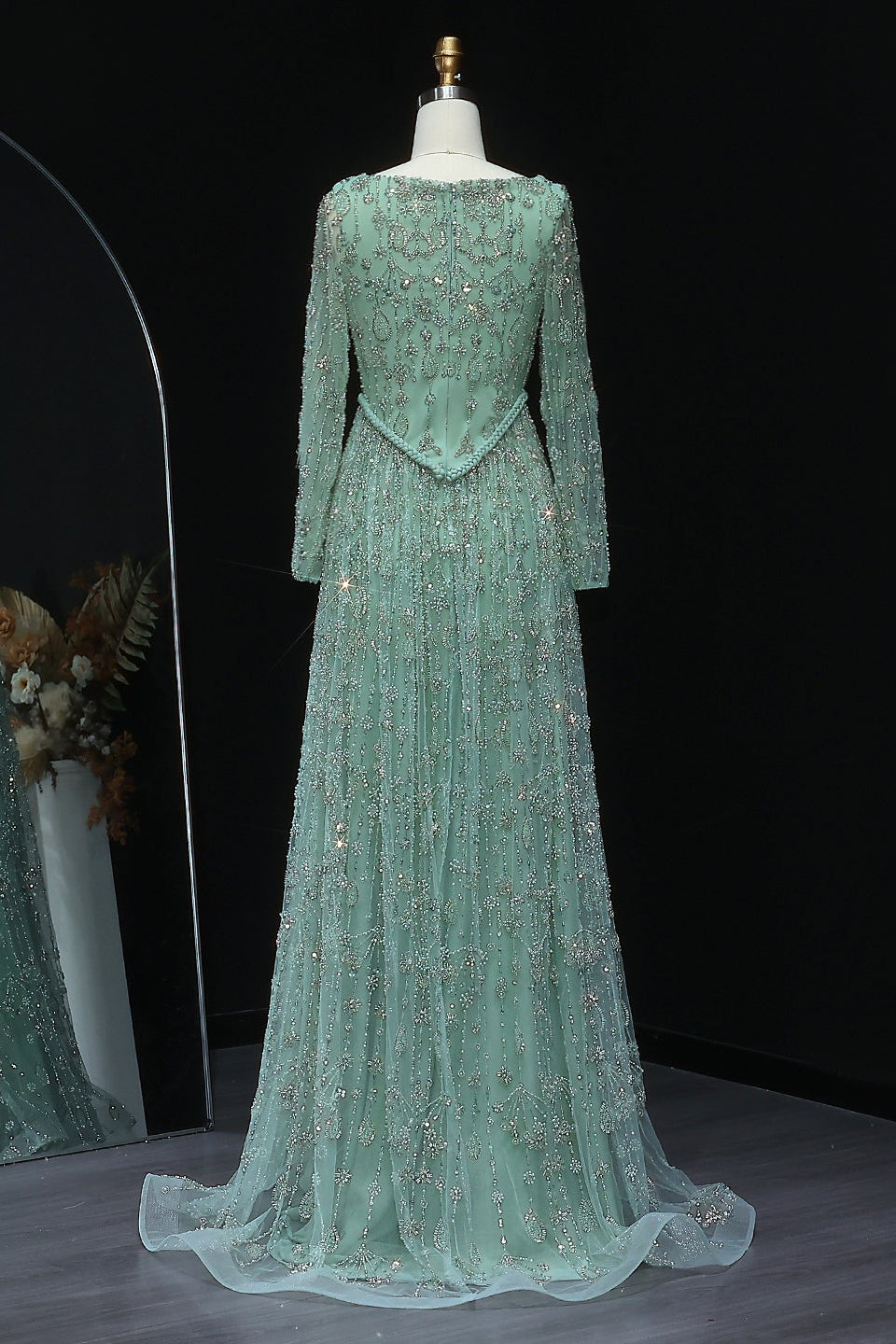 Luxury Sequined Floral Lace Square Neck A-Line Evening Dress SS693