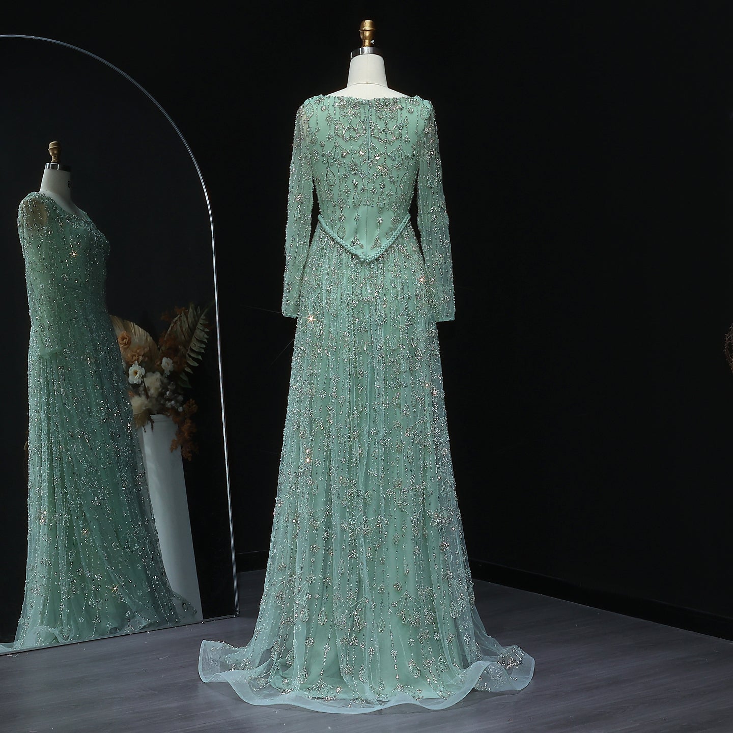 Luxury Sequined Floral Lace Square Neck A-Line Evening Dress SS693 Sheer Fairy