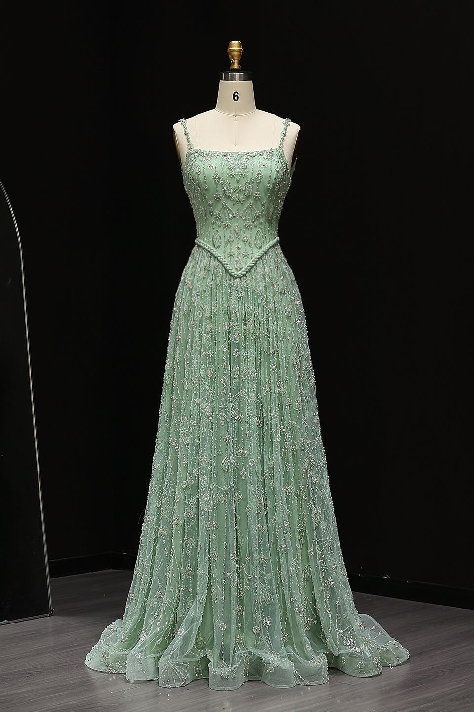 Luxury Sequined Floral Lace Square Neck A-Line Evening Dress SS693