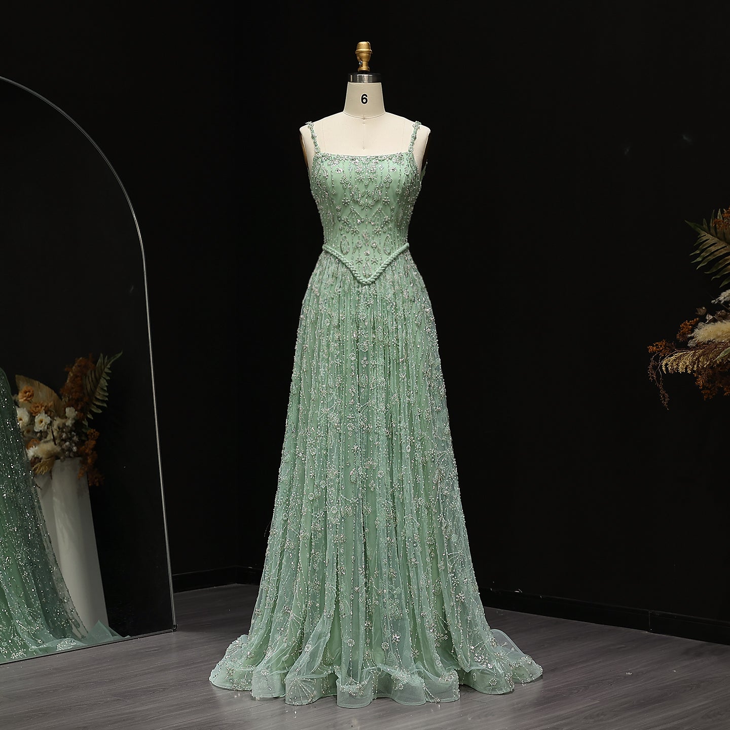 Luxury Sequined Floral Lace Square Neck A-Line Evening Dress SS693 Sheer Fairy