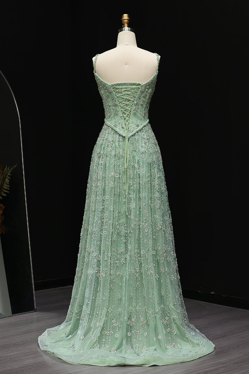 Luxury Sequined Floral Lace Square Neck A-Line Evening Dress SS693