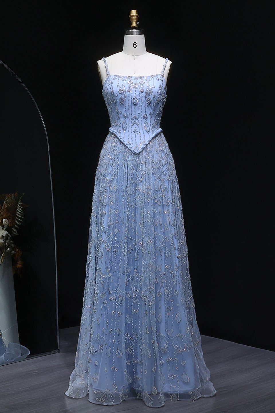 Luxury Sequined Floral Lace Square Neck A-Line Evening Dress SS693