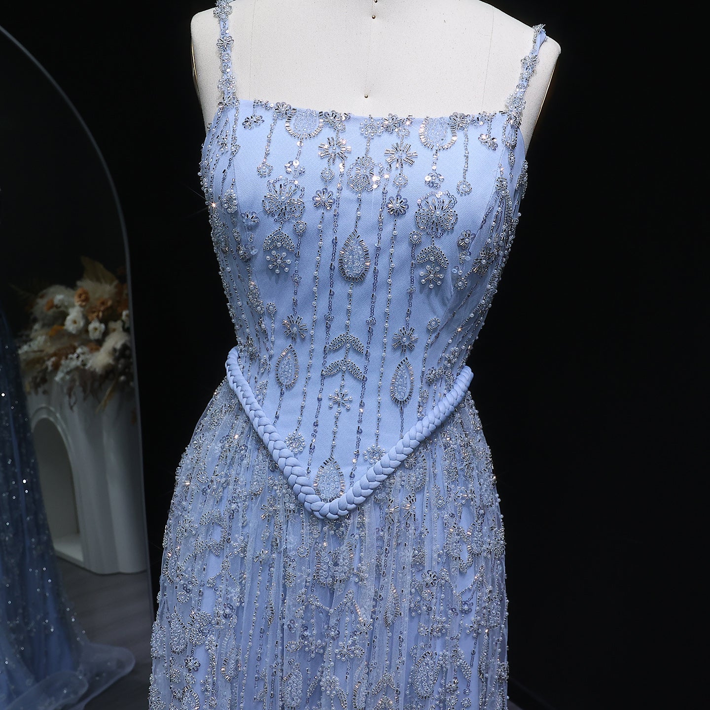 Luxury Sequined Floral Lace Square Neck A-Line Evening Dress SS693 Sheer Fairy