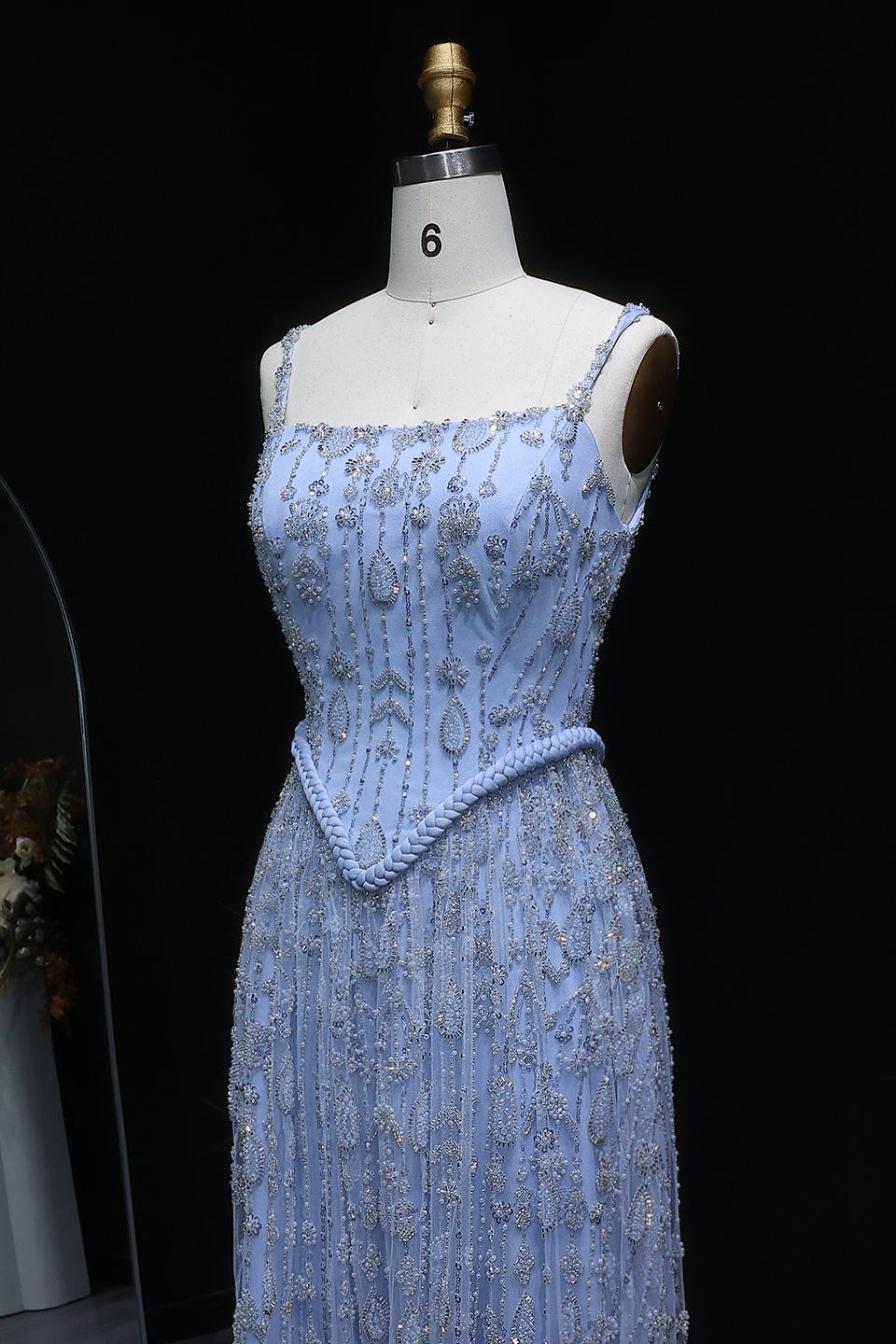 Luxury Sequined Floral Lace Square Neck A-Line Evening Dress SS693