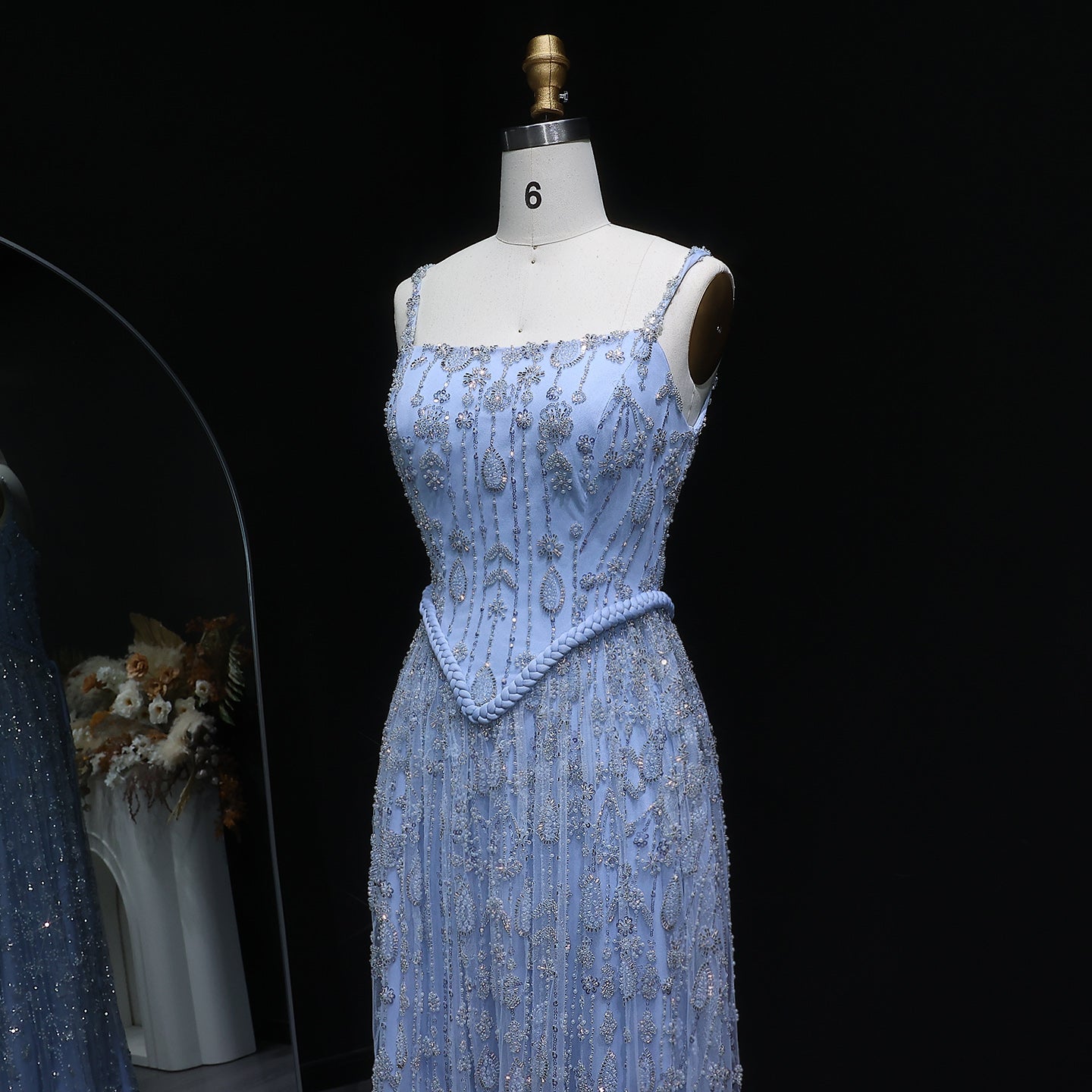 Luxury Sequined Floral Lace Square Neck A-Line Evening Dress SS693 Sheer Fairy
