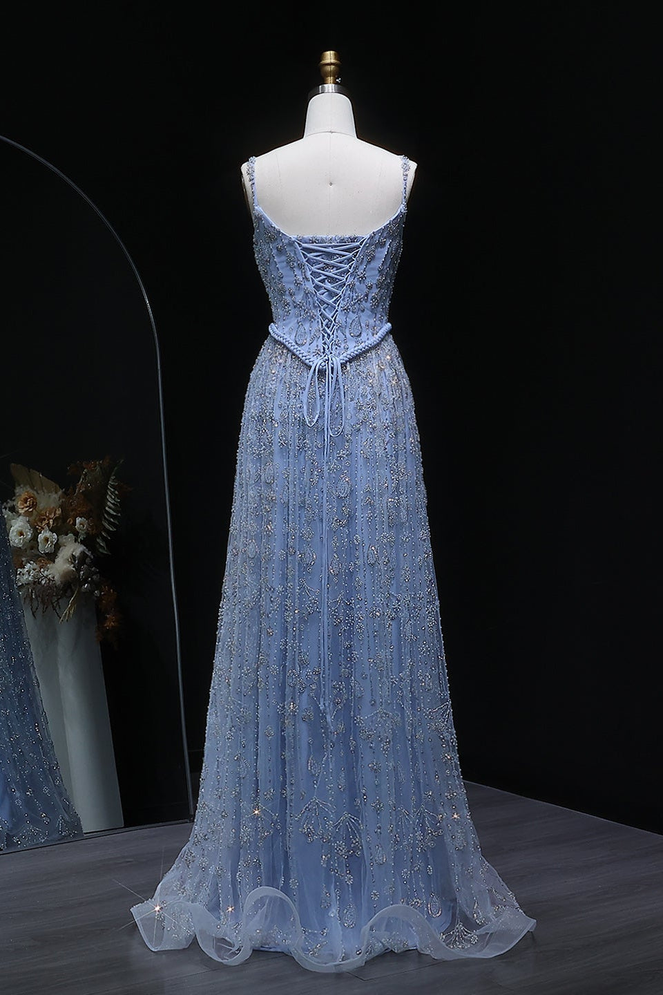 Luxury Sequined Floral Lace Square Neck A-Line Evening Dress SS693