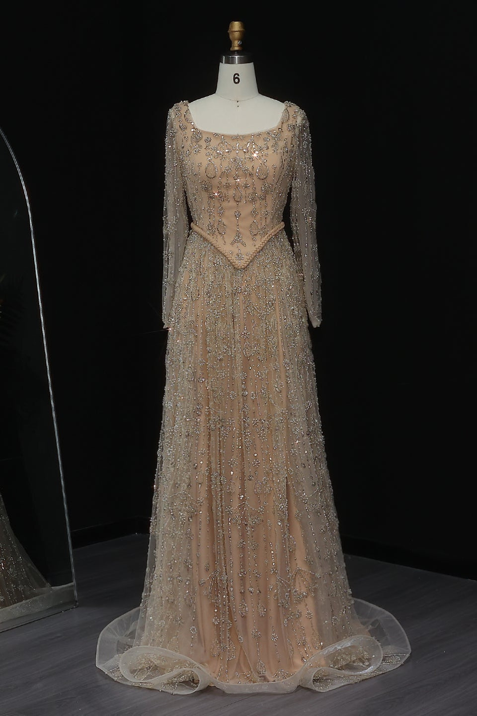 Luxury Sequined Floral Lace Square Neck A-Line Evening Dress SS693