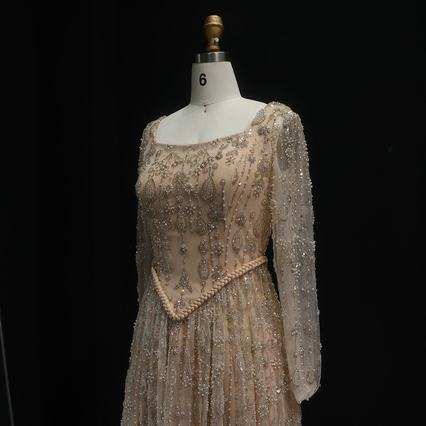 Luxury Sequined Floral Lace Square Neck A-Line Evening Dress SS693