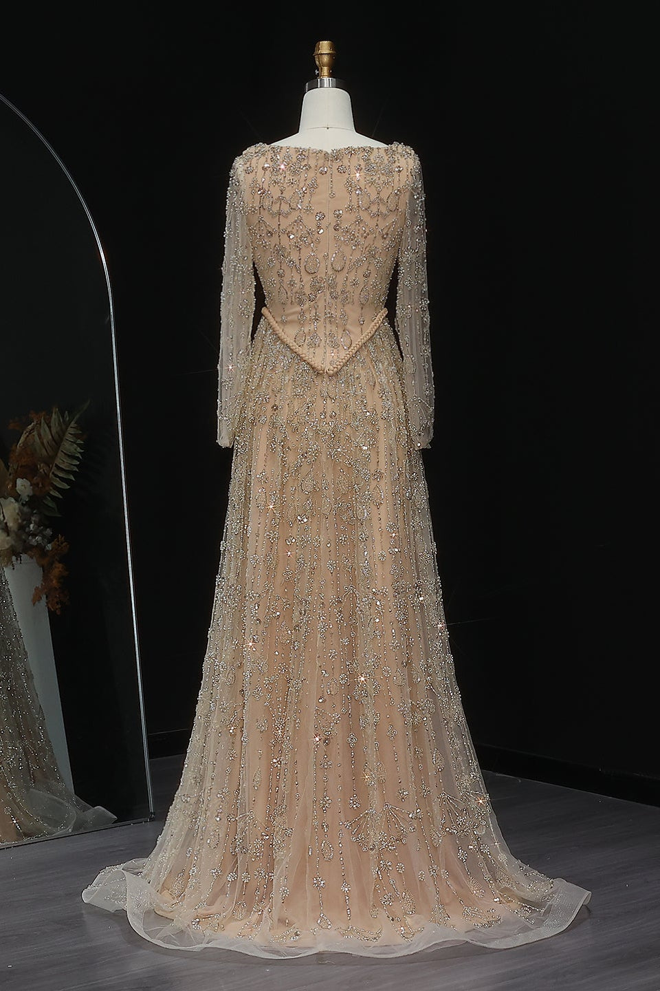 Luxury Sequined Floral Lace Square Neck A-Line Evening Dress SS693