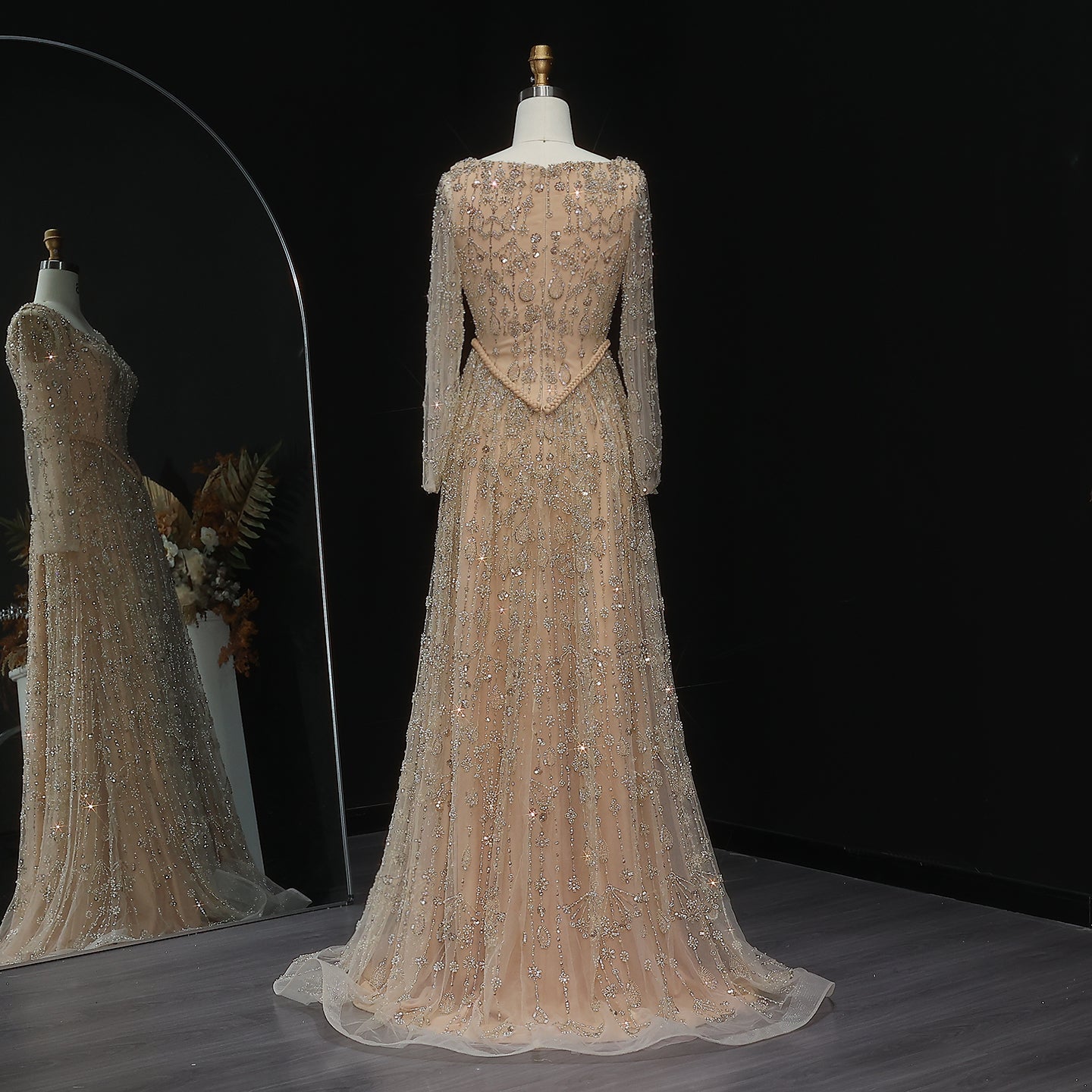 Luxury Sequined Floral Lace Square Neck A-Line Evening Dress SS693 Sheer Fairy