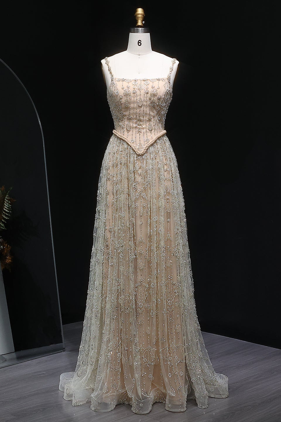 Luxury Sequined Floral Lace Square Neck A-Line Evening Dress SS693