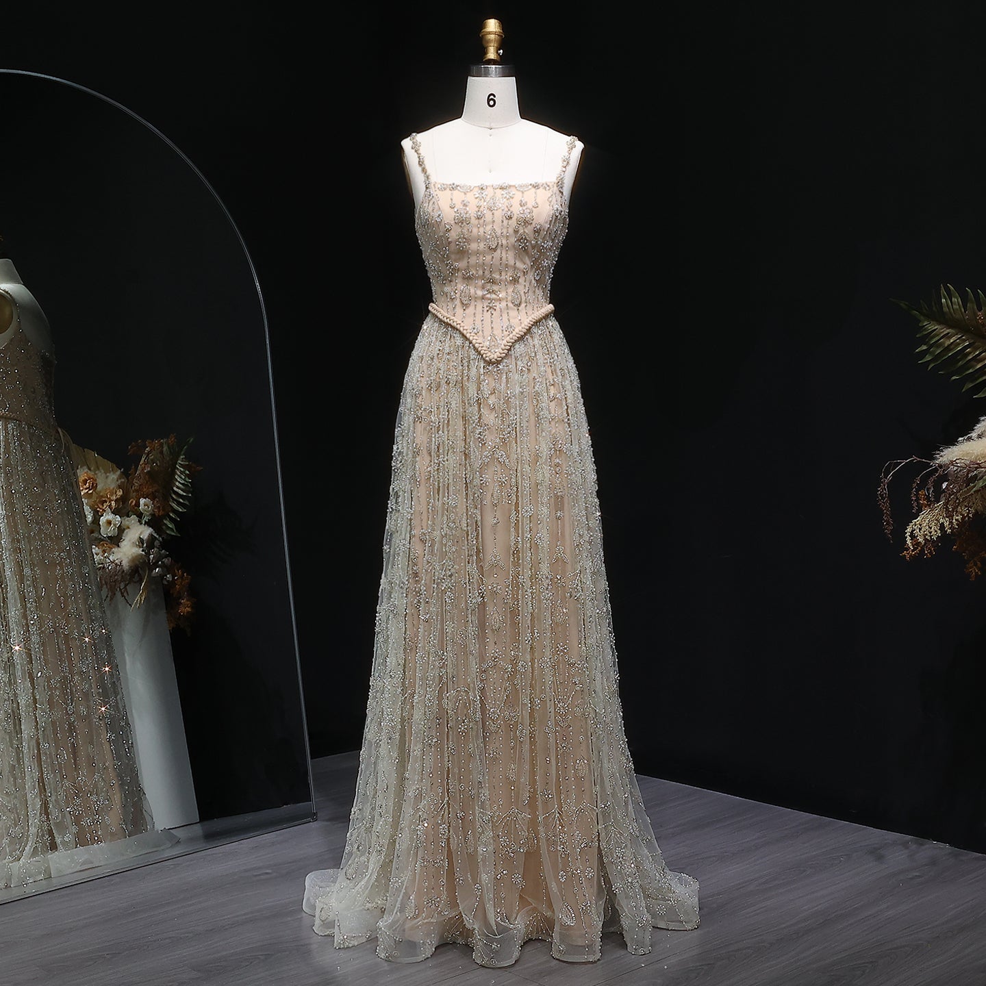 Luxury Sequined Floral Lace Square Neck A-Line Evening Dress SS693 Sheer Fairy