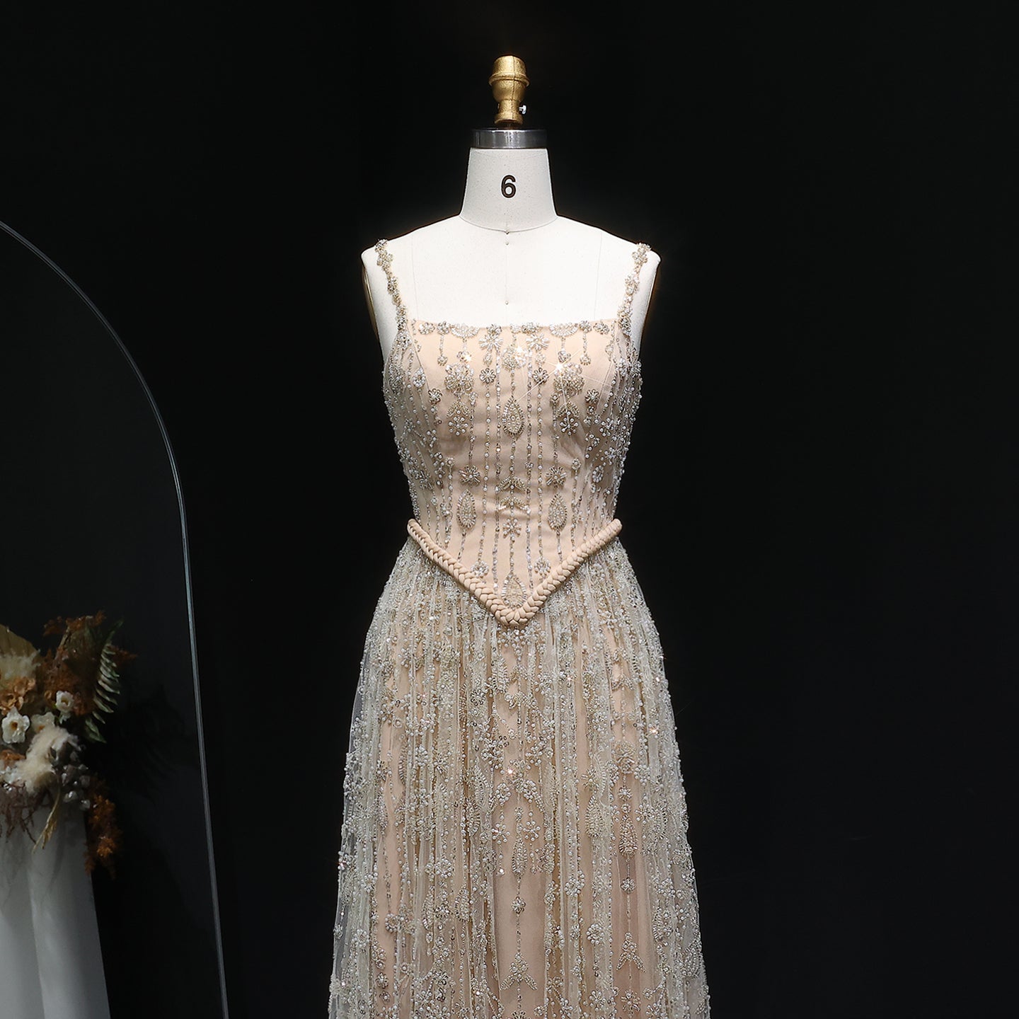 Luxury Sequined Floral Lace Square Neck A-Line Evening Dress SS693 Sheer Fairy