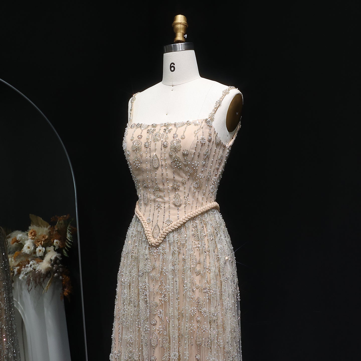 Luxury Sequined Floral Lace Square Neck A-Line Evening Dress SS693 Sheer Fairy